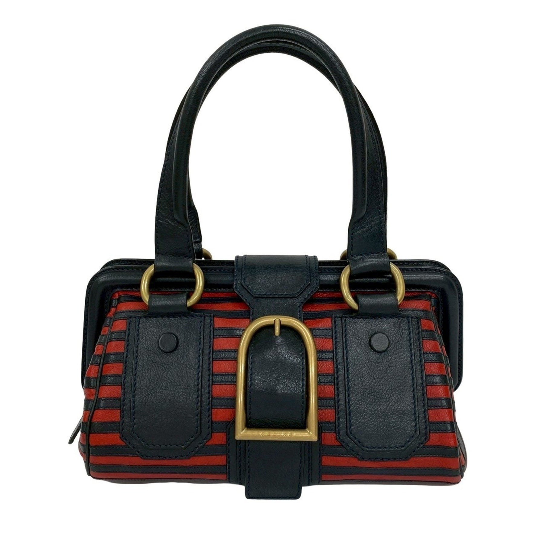 CELINE Vintage Leather Handbag, Mini Tote Bag, Semi-Shoulder Navy Red