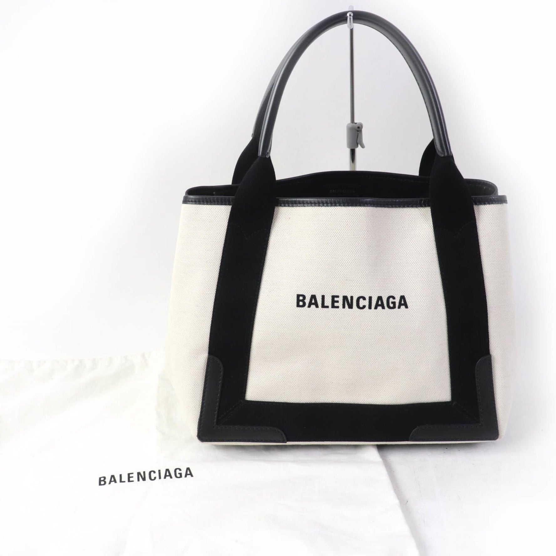 BALENCIAGA Small Cabas Handbag in Cotton Canvas and Black Calfskin with Mini Pouch, Dust Bag Included, Made Italy