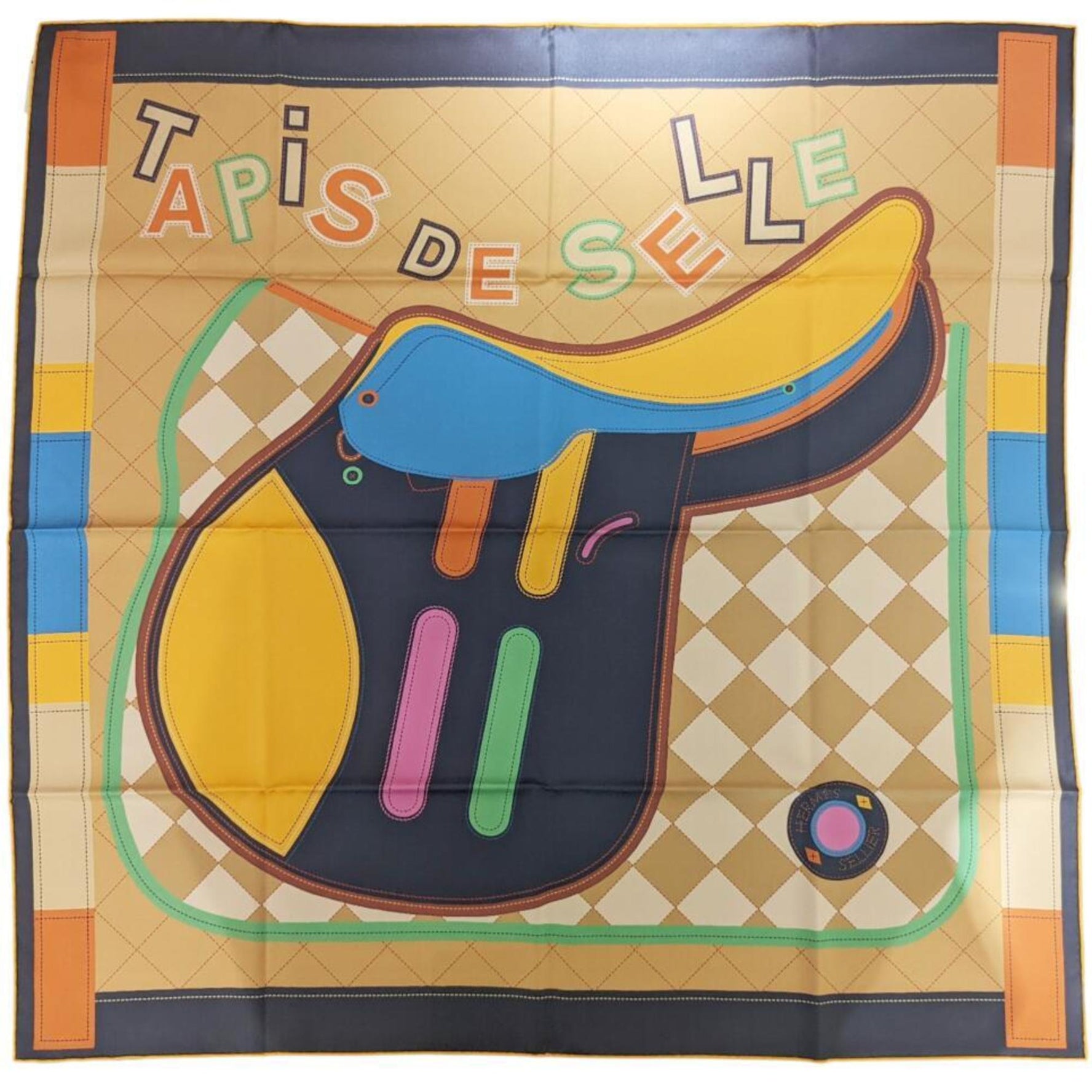 HERMES Carre 90 Double Face Tapis de Selle Scarf/Muffler Silk Orange Navy