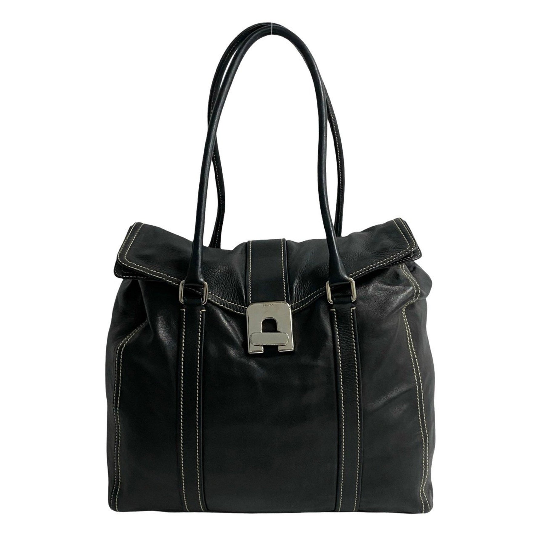 PRADA Logo Turnlock Hardware Leather Genuine Tote Bag Semi-Shoulder Handbag