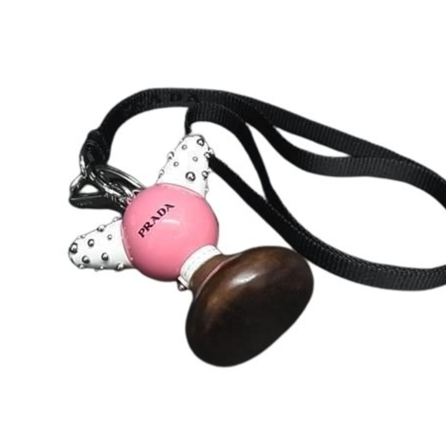 PRADA TRICK ROBOT Keychain Pink White Brown Silver Wood Metal Men's