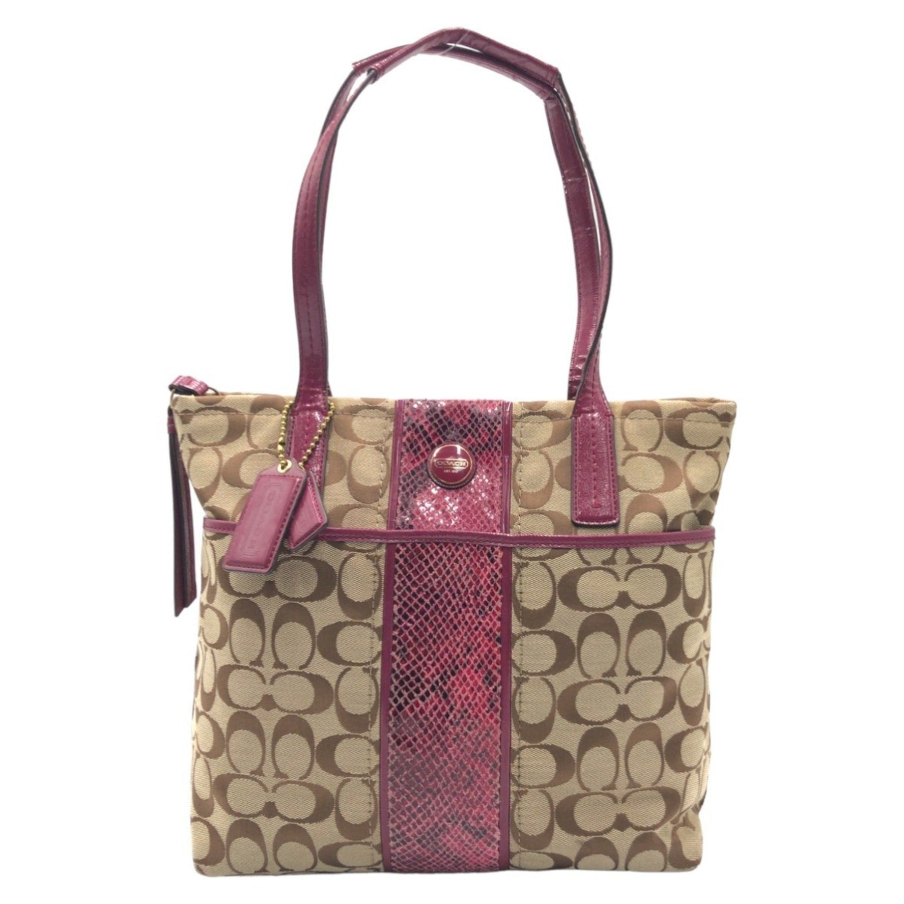 COACH Signature Embossed Brown Pink Gold Hardware Canvas Tote Bag Handbag