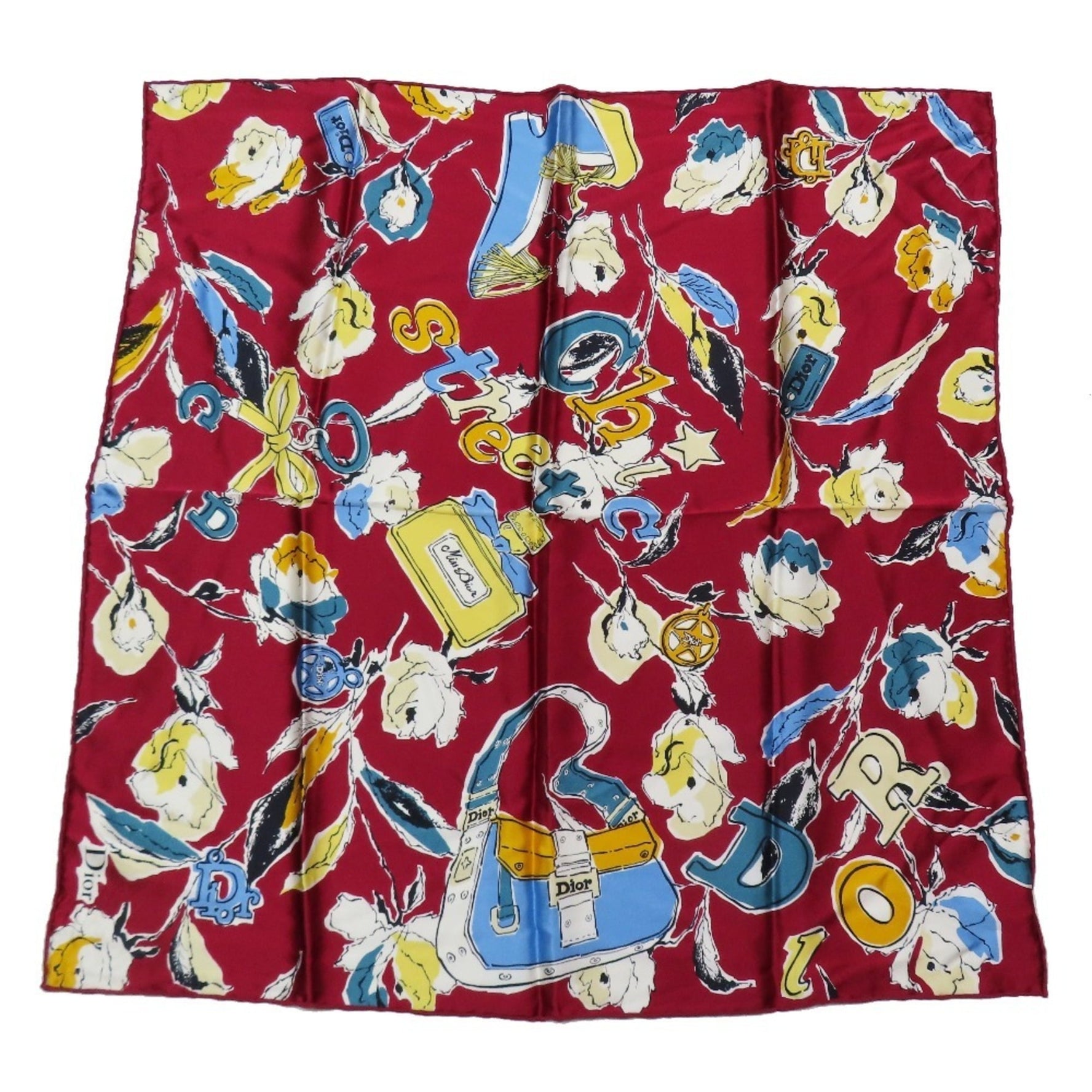 Christian Dior 100% Silk Square Scarf/Bandana with Logo, Bag, and Perfume Print, Floral Pattern, Wine Red