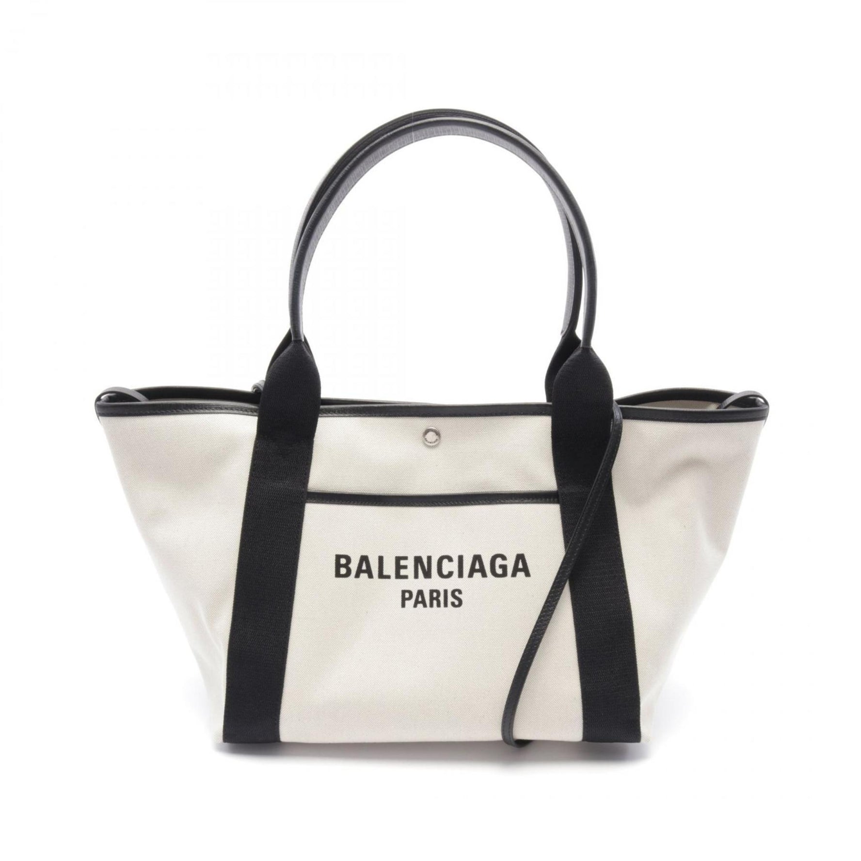 BALENCIAGA BIARRITZ Medium Tote Bag Canvas Leather Ivory Black