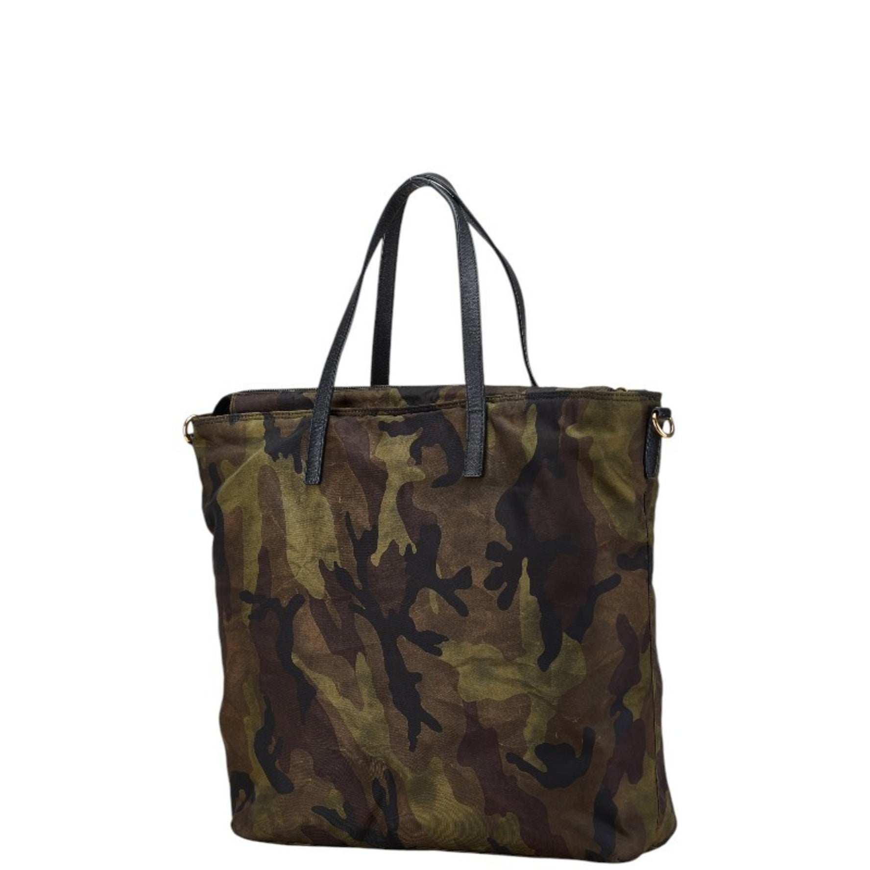 Prada Triangle Plate Camo Tote Bag Khaki Black Nylon Leather