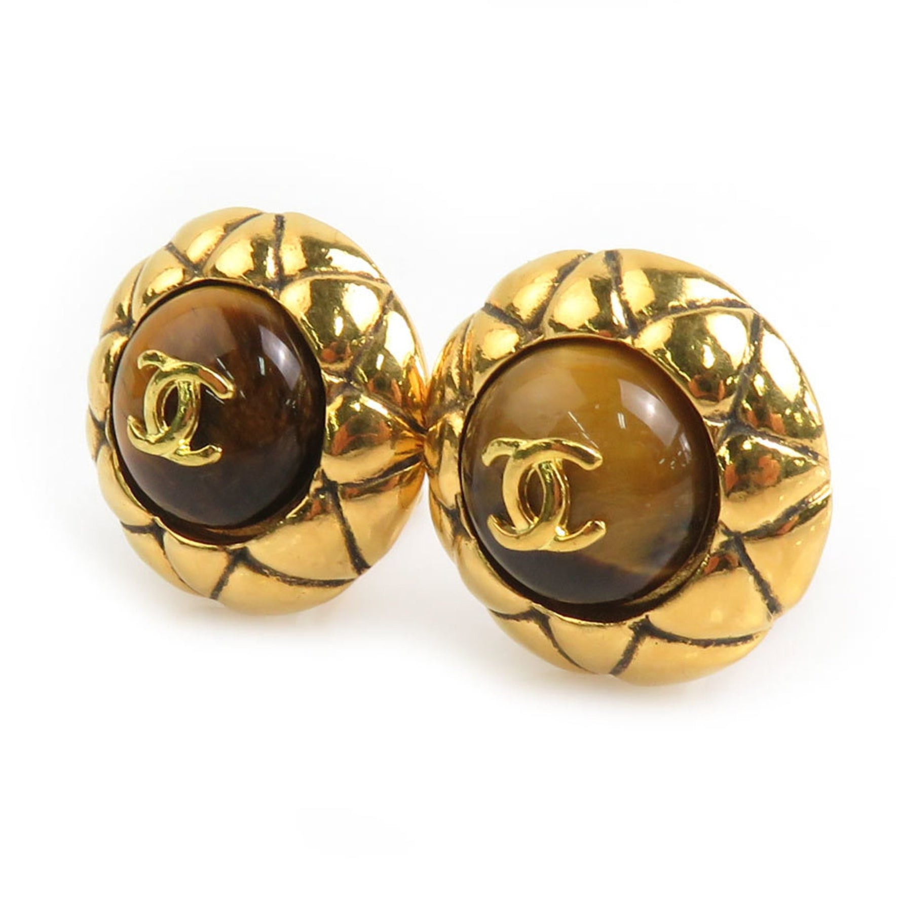 CHANEL Earrings Coco Mark Metal Stone Gold Brown