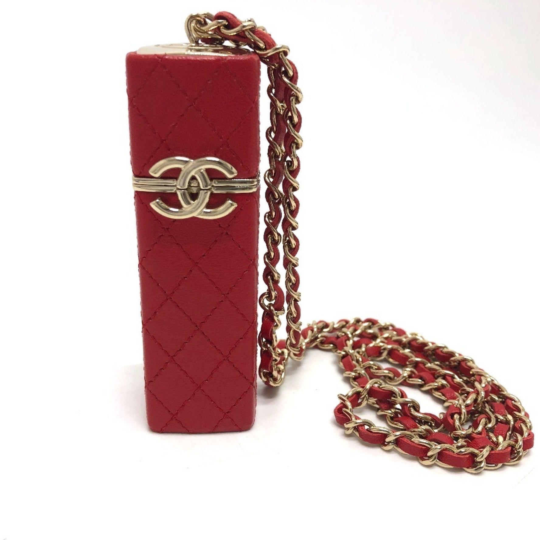 CHANEL Coco Mark CC Lip Case Chain Shoulder Bag Leather Red Like New