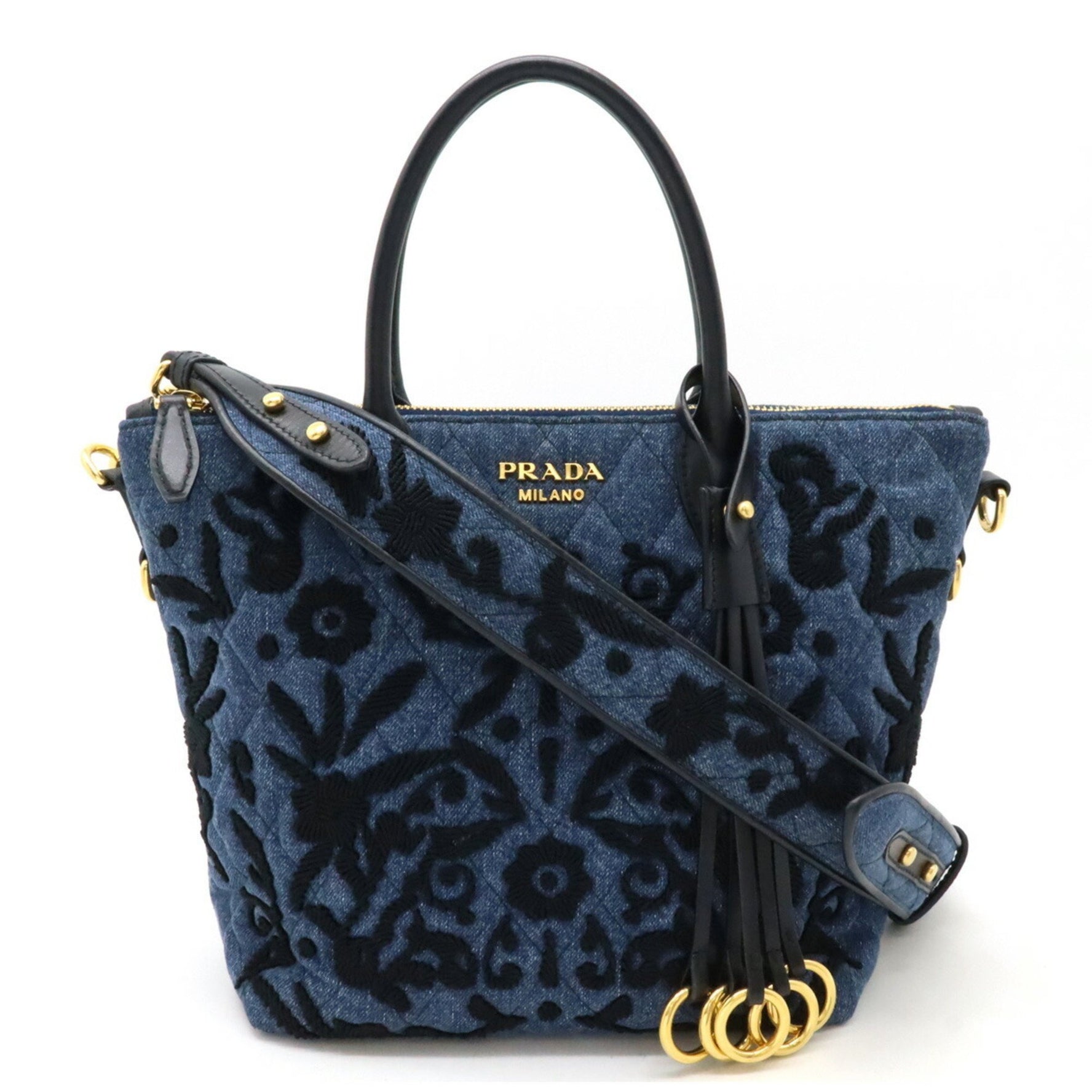 PRADA Corsaire Handbag Shoulder Bag Embroidery Quilted Denim Leather BLEU Blue Purchased at an overseas duty-free shop