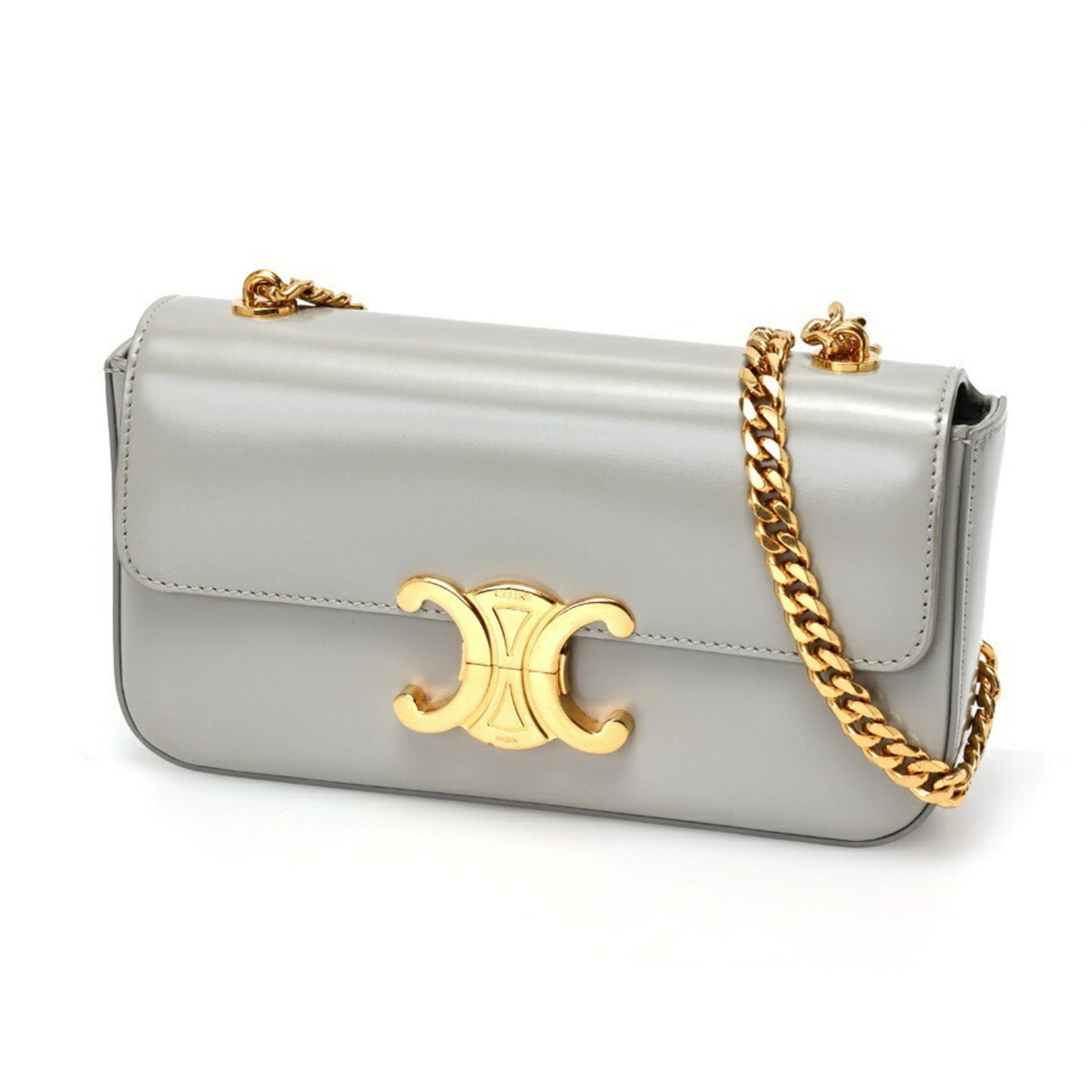 CELINE Triomphe Chain Shoulder Bag Claude Shiny Calfskin Grey