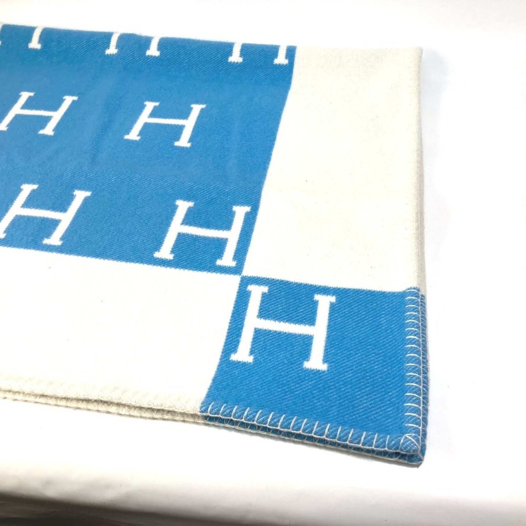 HERMES Plaid Avalon Blanket Wool Cashmere Kids Blue
