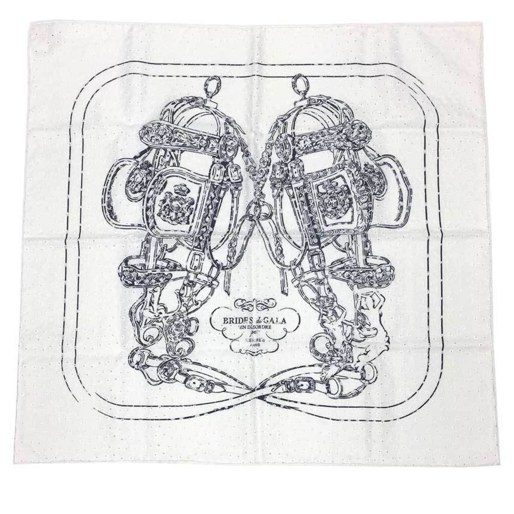 HERMES Carre 70 Scarf, BRODERIE ANG BRIDES DE GALA FINESS, size 25, 100% silk, embroidered, white/black, formal bridle scarf.