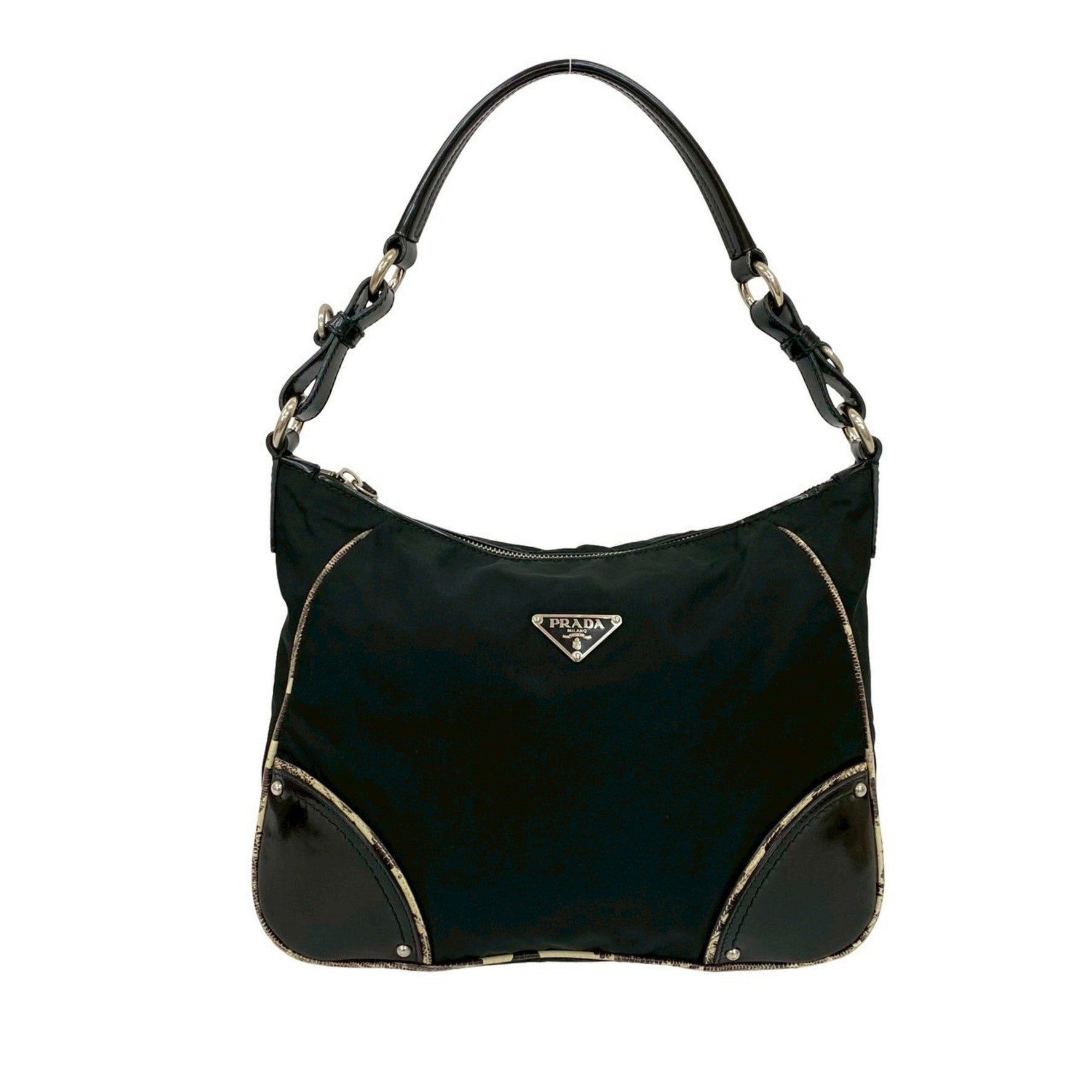 PRADA Triangle Logo Metal Hardware Nylon Leather Genuine Python Print Semi-One Shoulder Bag Handbag