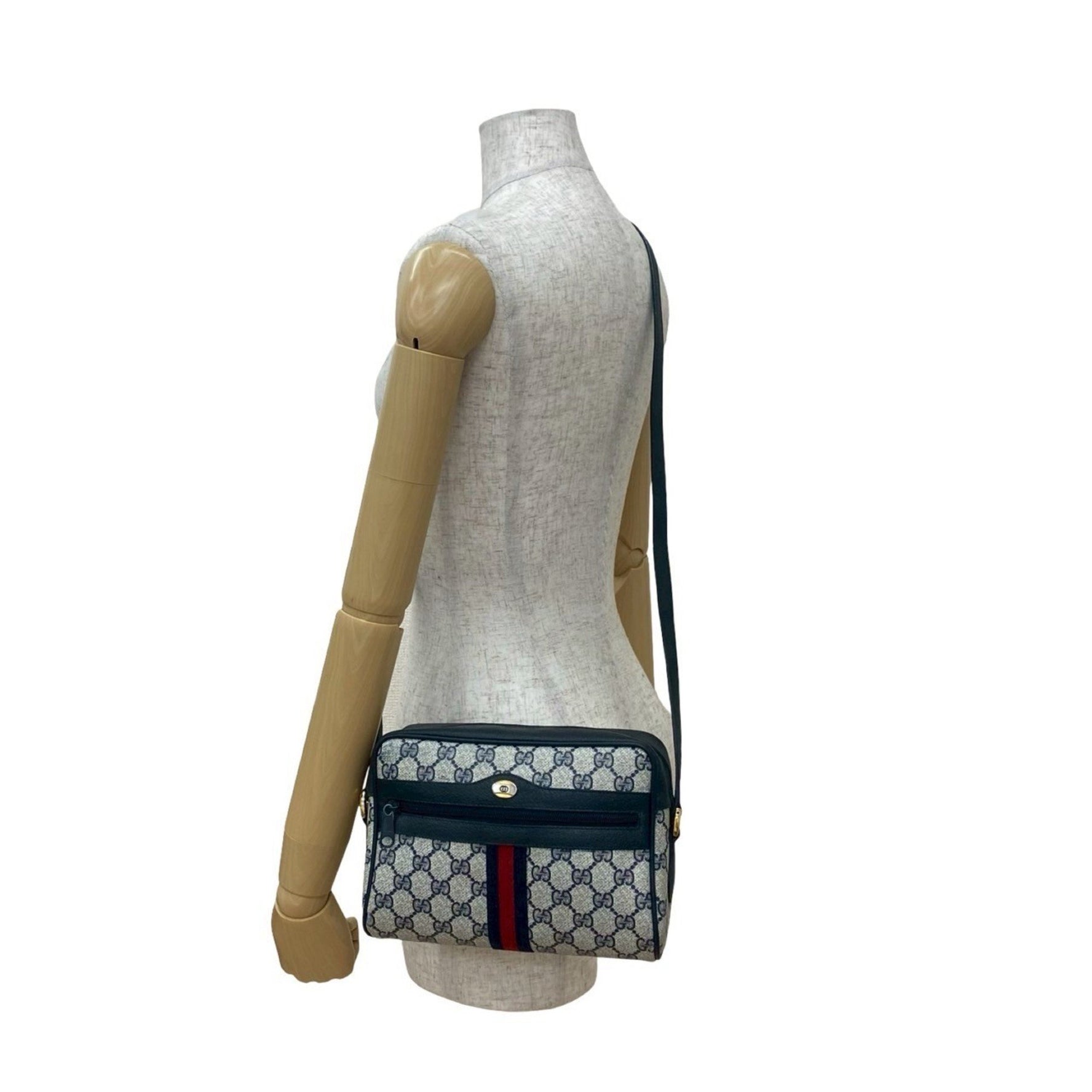 GUCCI Vintage Sherry Line GG Logo Hardware Leather Shoulder Bag/Pochette in Navy Blue