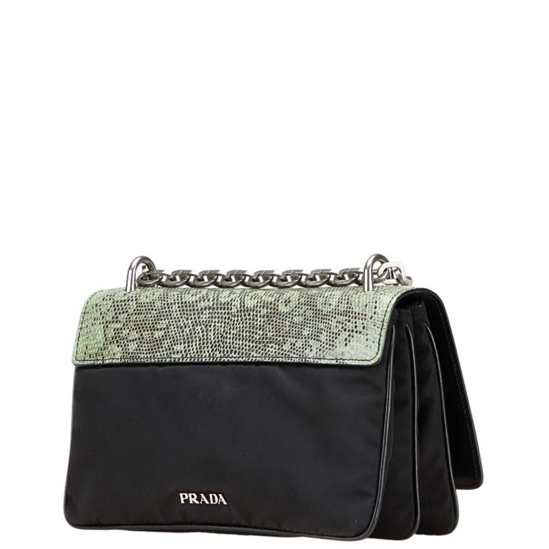 Prada Python Embossed Chain Shoulder Bag Handbag in Black and Green Nylon Leather