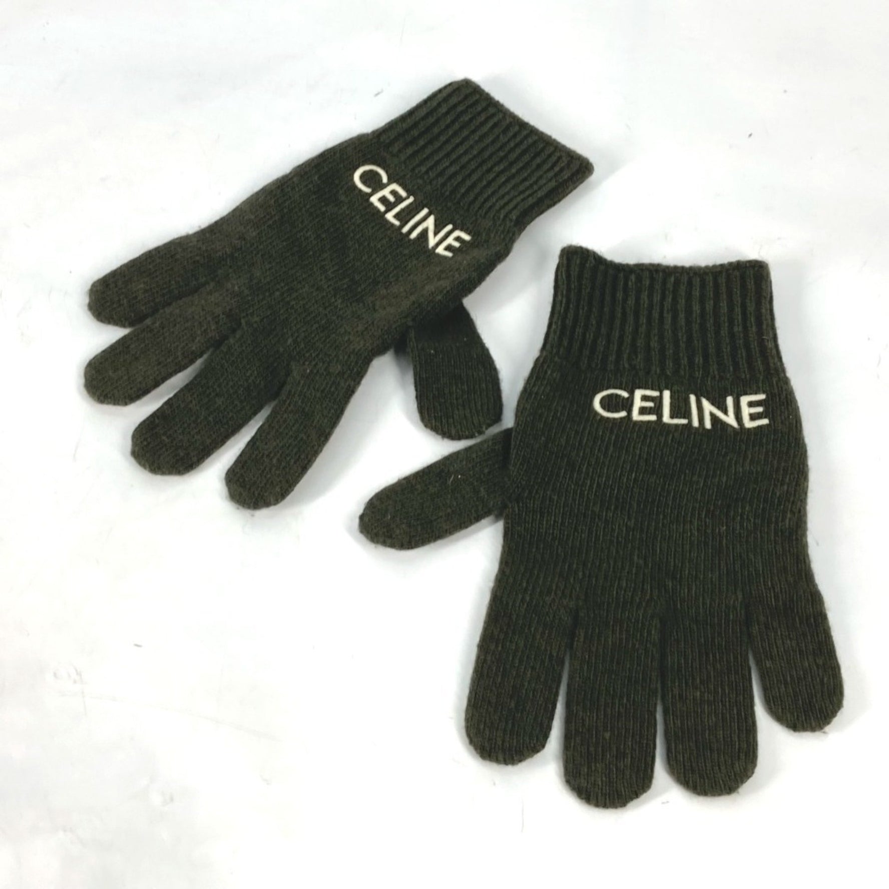 CELINE Logo Embroidered Wool Gloves Khaki