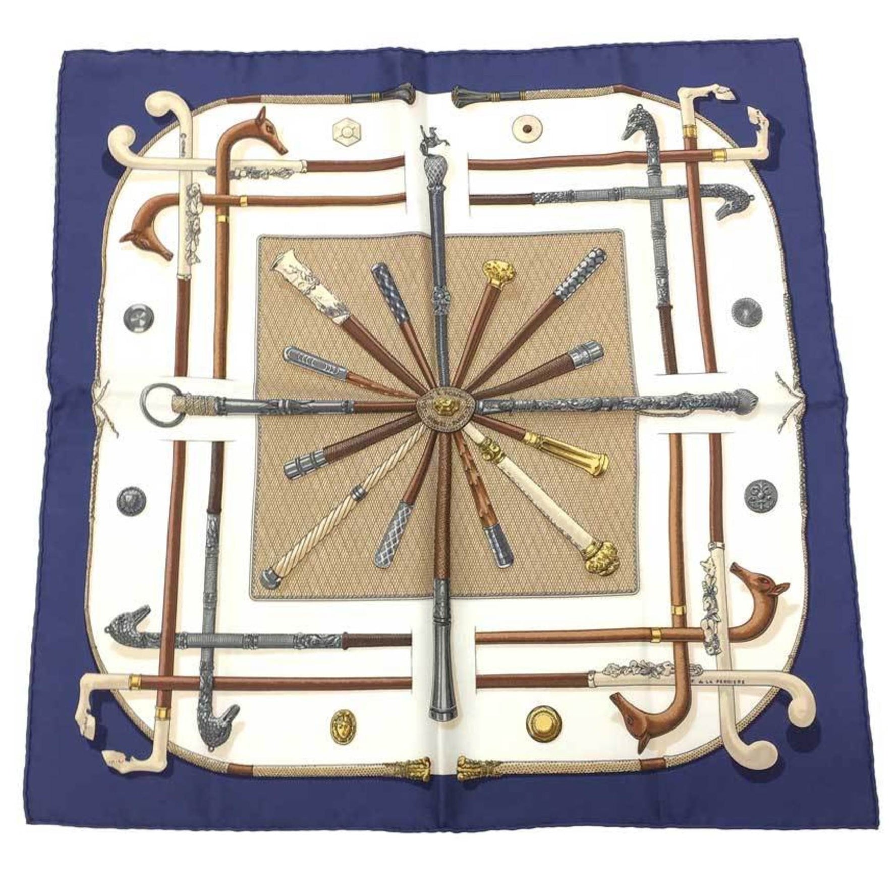 HERMES Carre 45 Scarf Muffler CANNES & POMMEAUX Walking Stick Ivory x Blue 100% Silk