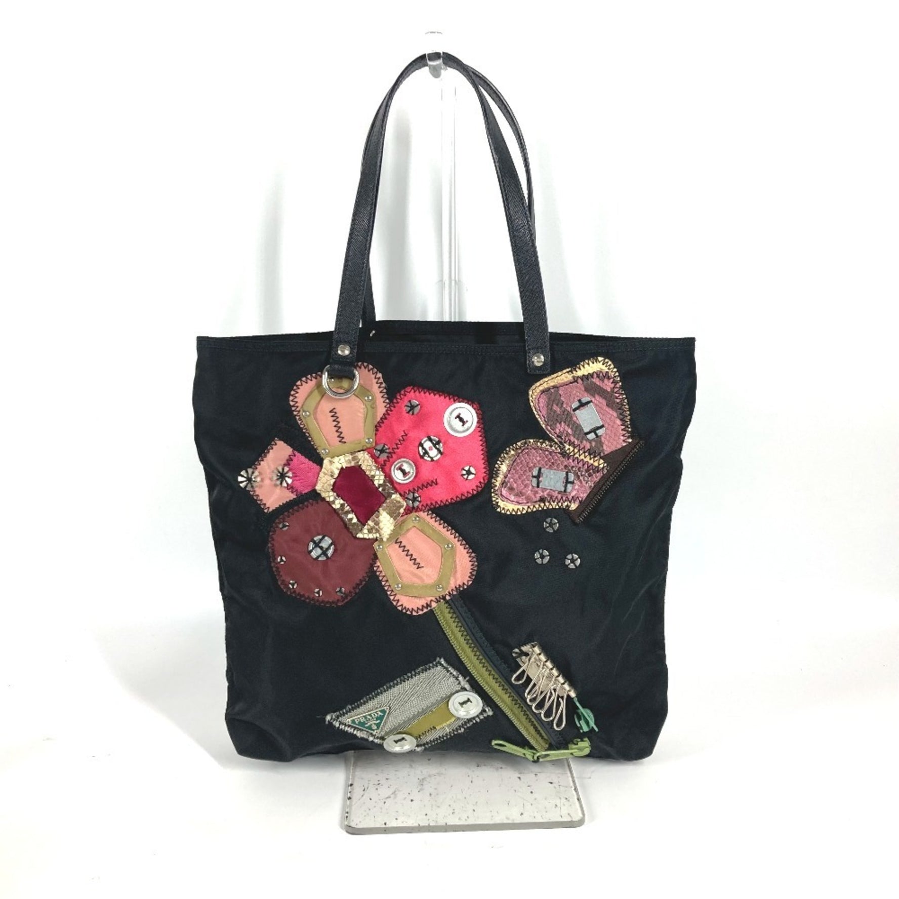 PRADA Embroidered Flower Metal Fittings Shoulder Bag Handbag Tote Nylon Leather Black