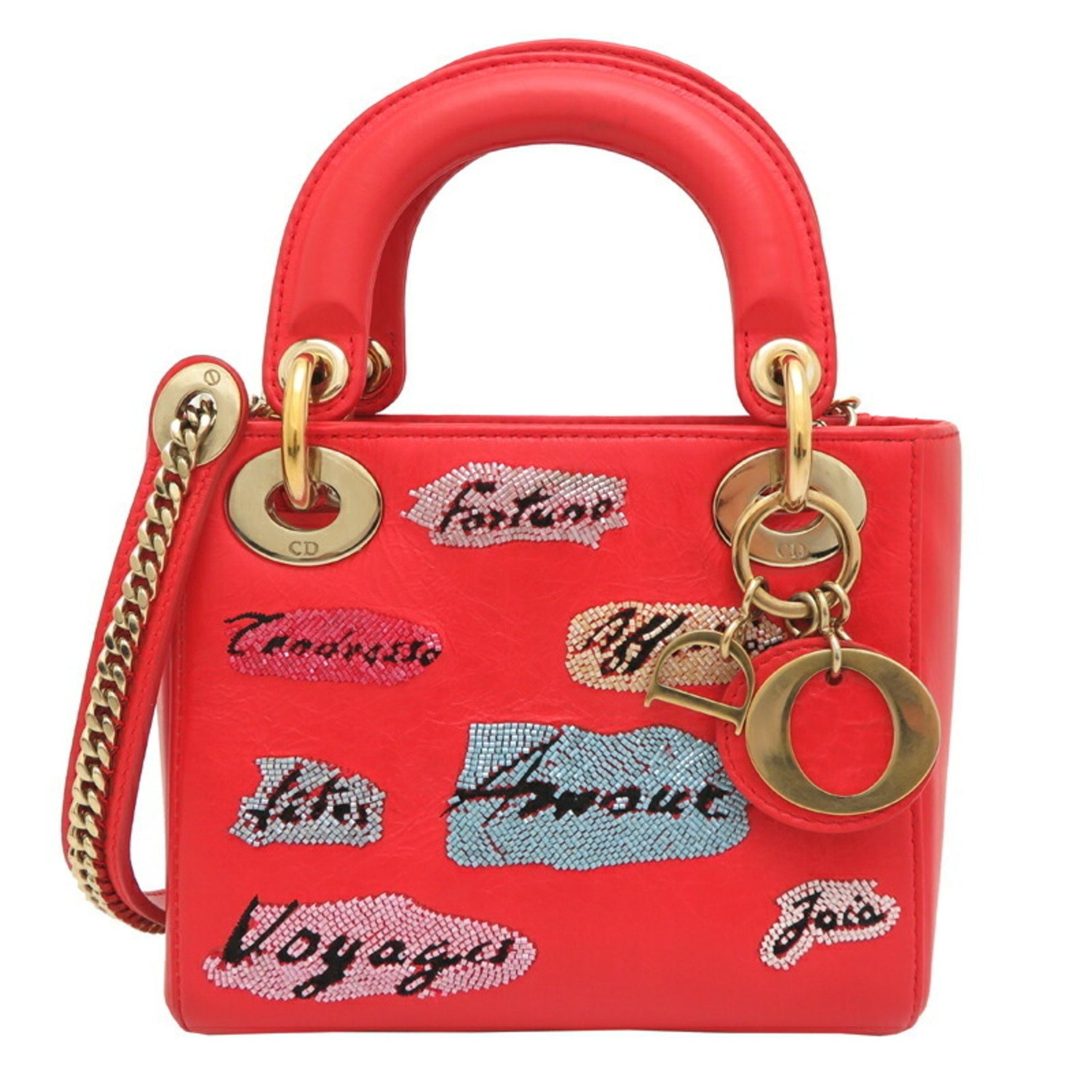 Christian Dior Lady Mini Handbag Leather Vermilion (Orange)