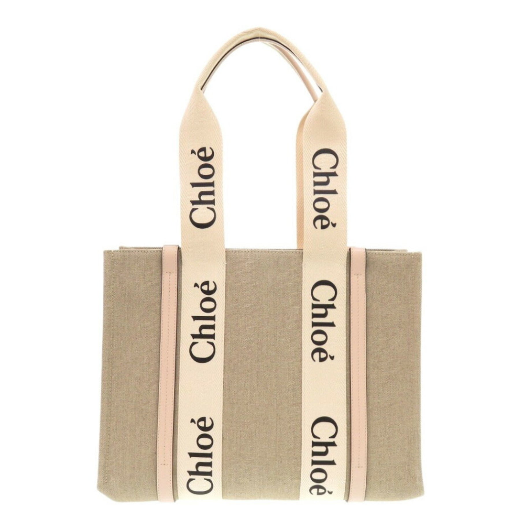 Chloé Like new Chloe WOODY Medium Tote Bag Beige Pink Leather Linen Canvas Handbag