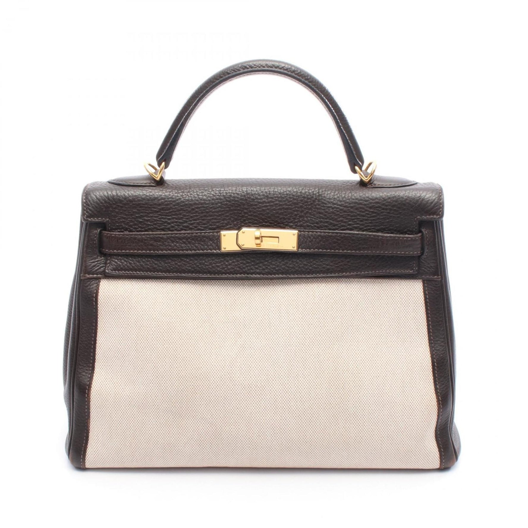 Hermes Hermès Kelly 32 handbag, canvas and leather, Toile H Togo H, women's, beige brown.