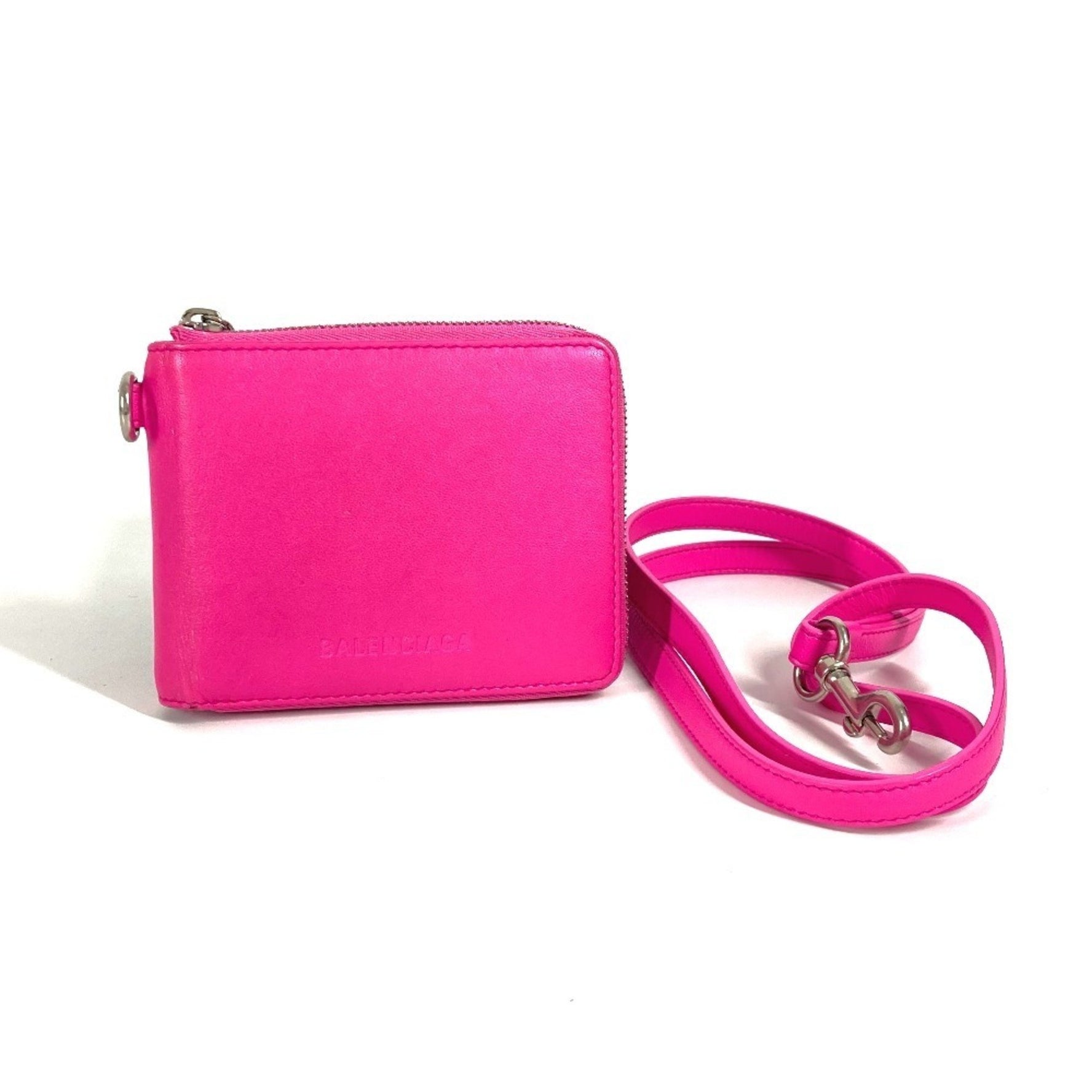 BALENCIAGA Compact Wallet with Logo Strap, Round Zipper, Bi-Fold Wallet, Leather