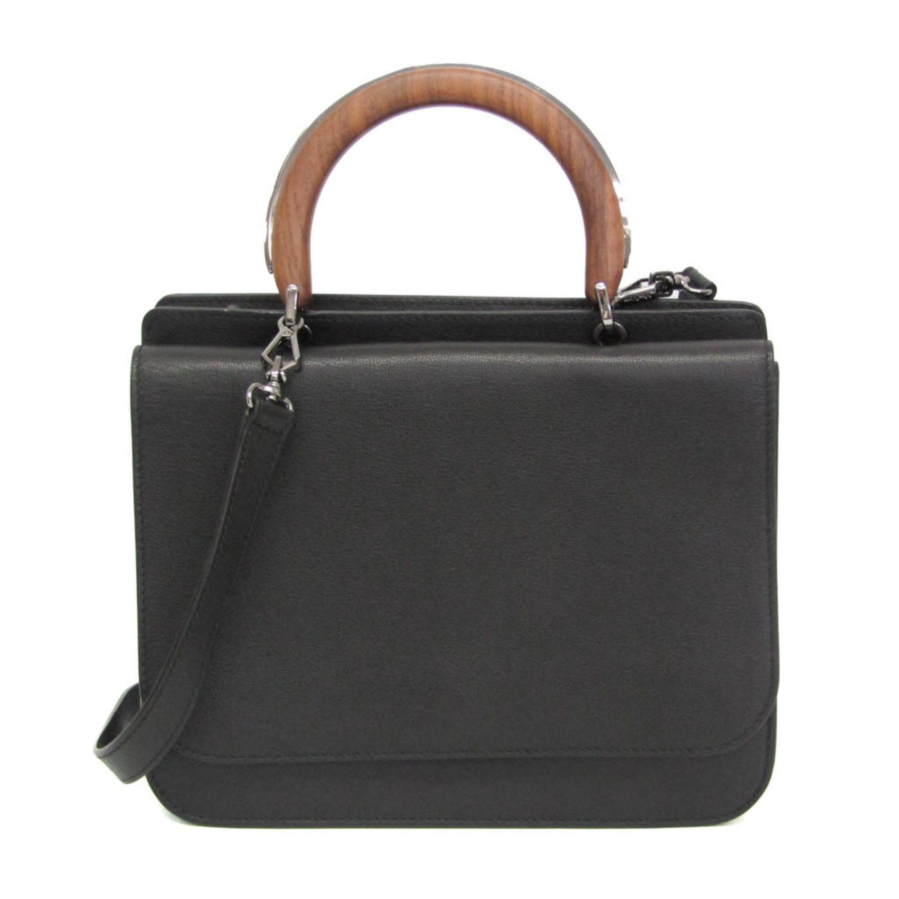 Max Mara Wooden Handle Flap Bag Women's Leather,Wood Handbag,Shoulder Bag Black