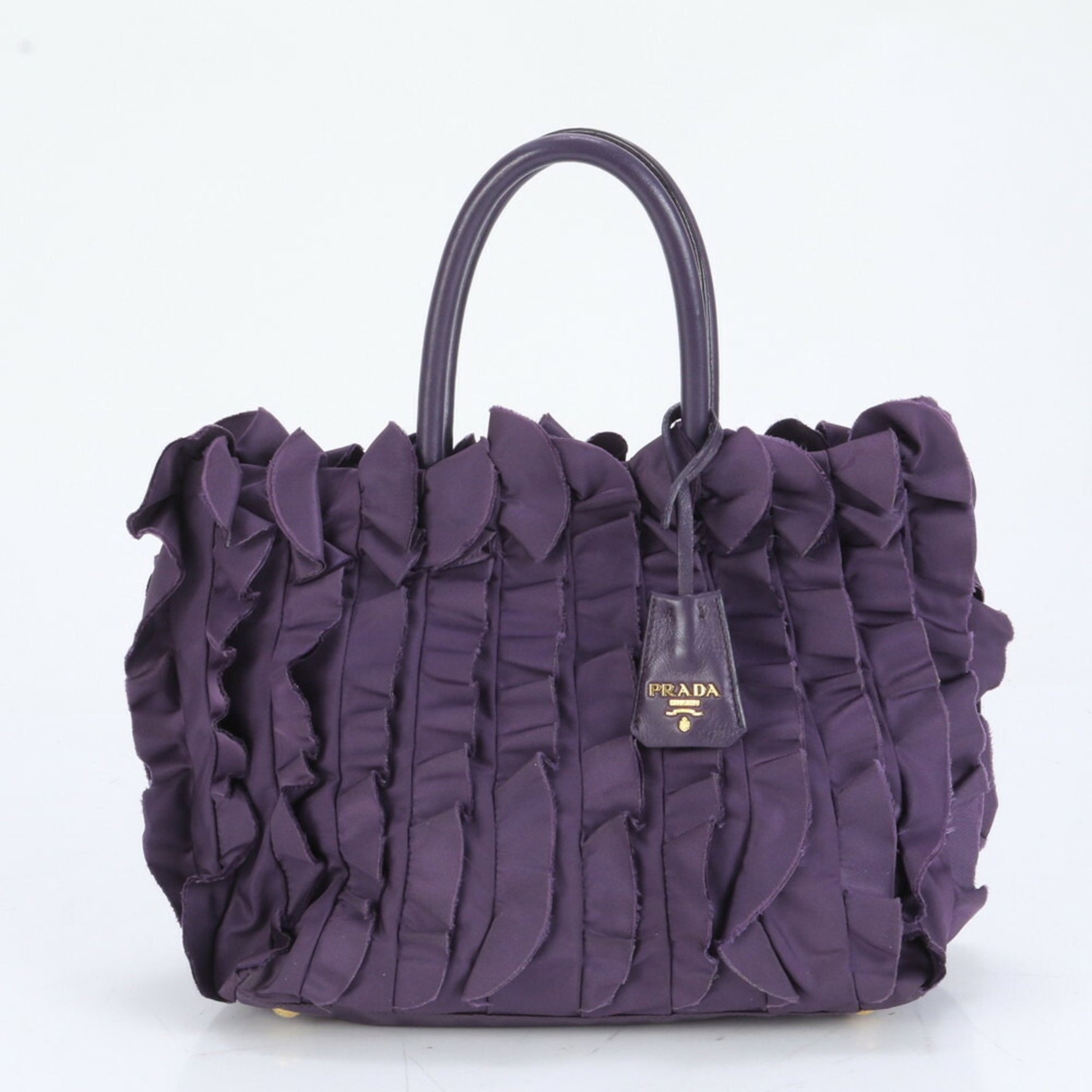 Prada ruffled tulle leather and nylon shoulder bag with gold hardware for women