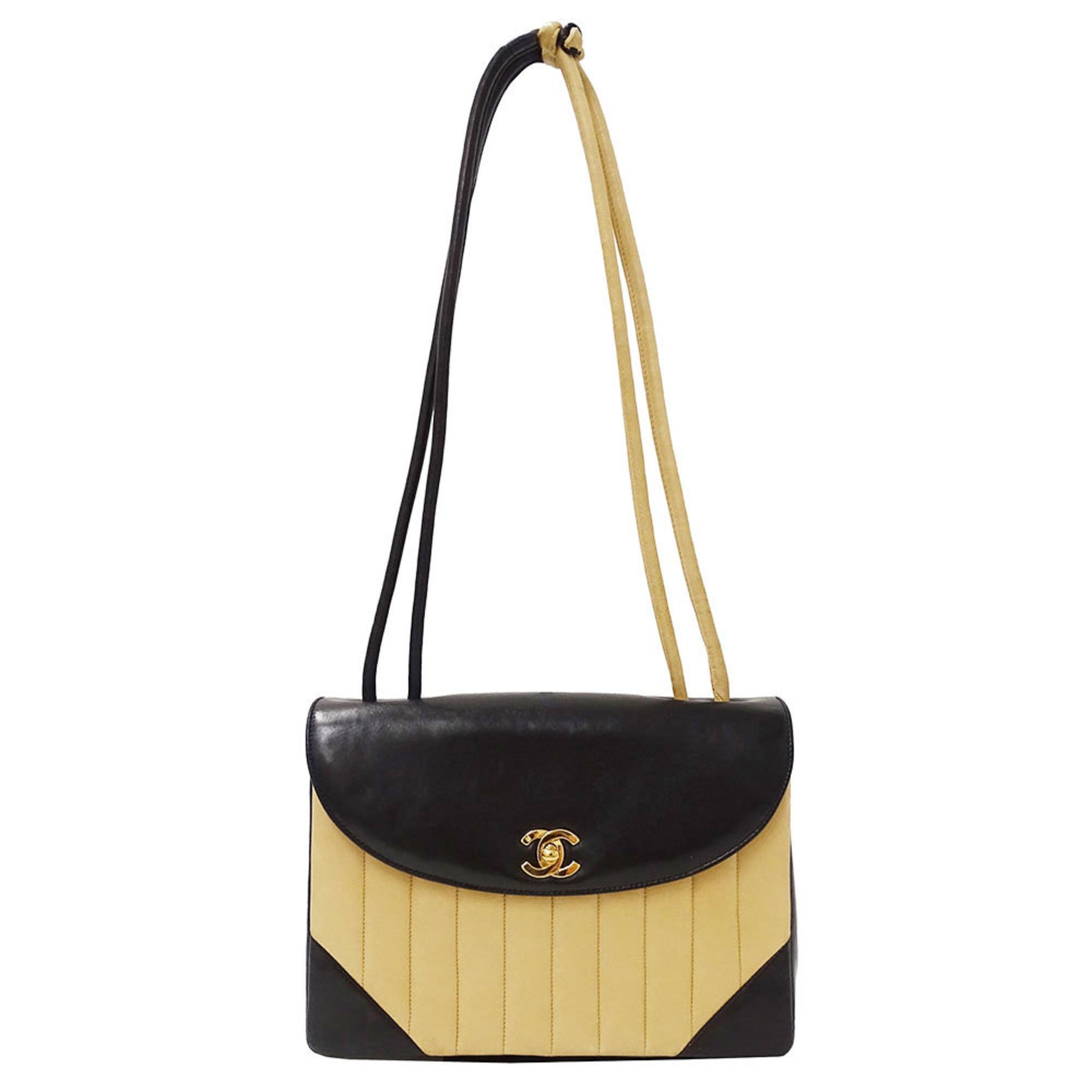 CHANEL Mademoiselle Shoulder Bag in Black and Beige Lambskin with Gold Hardware