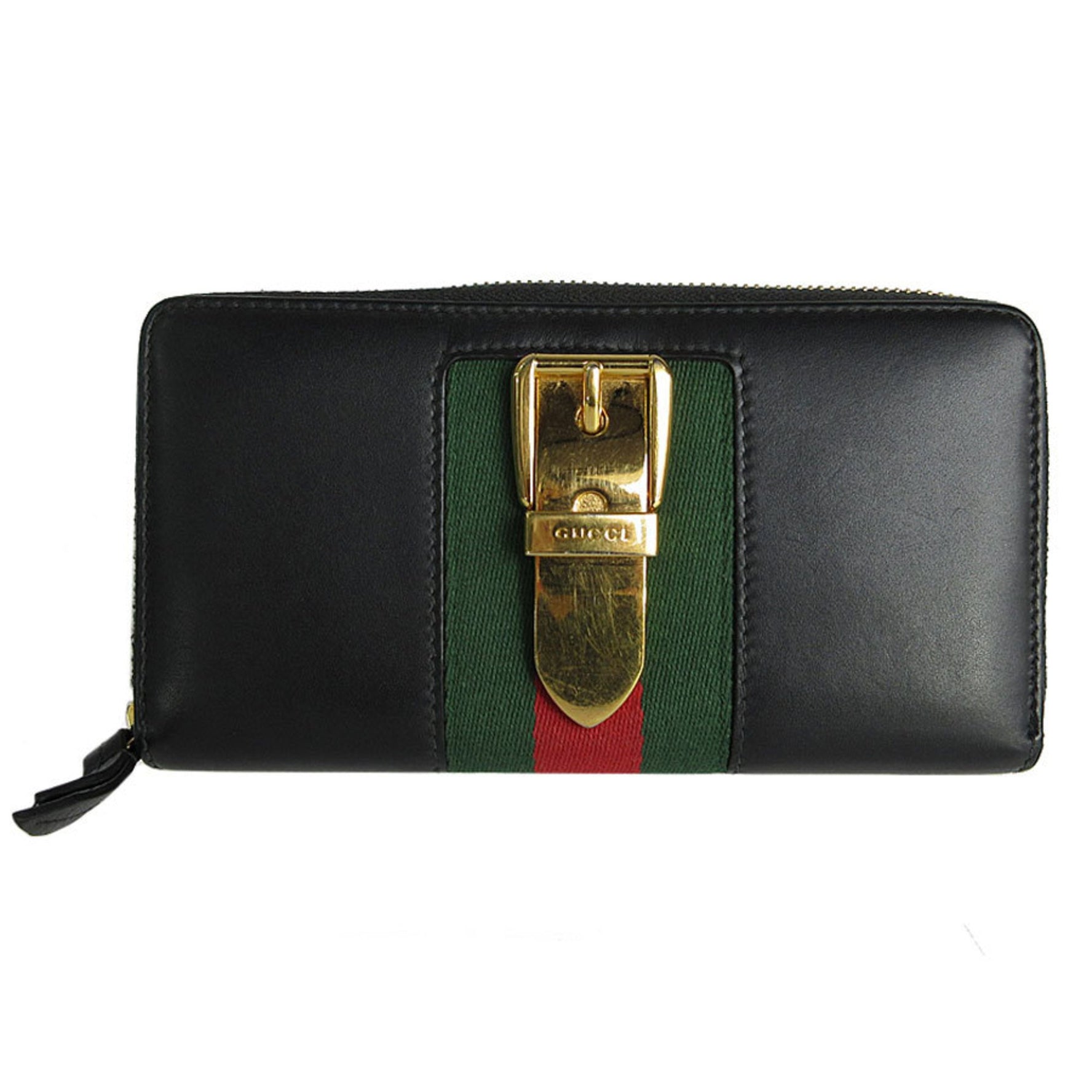 GUCCI Round Long Wallet Leather Metal Black Gold