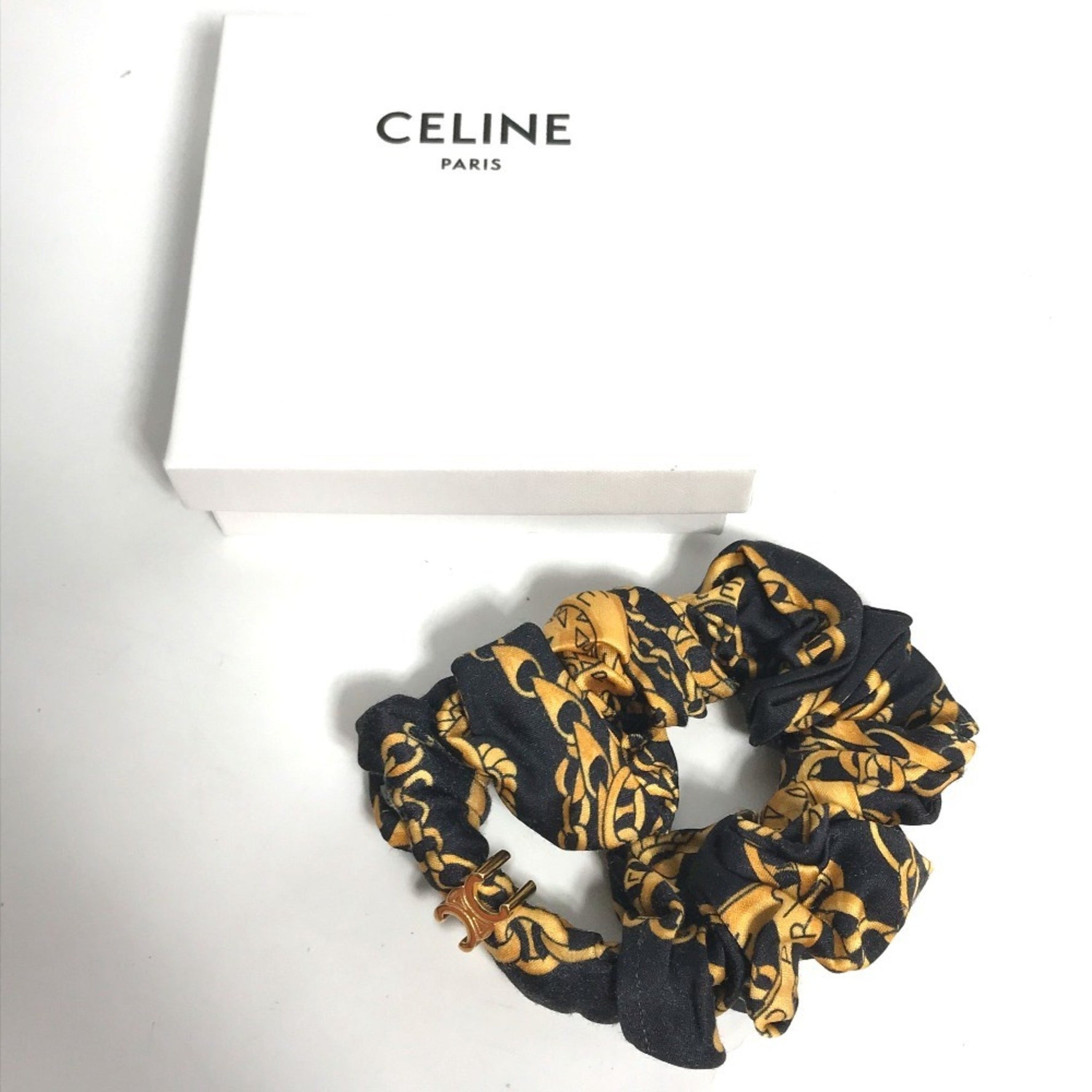 CELINE Hair Tie Chain Pattern Triomphe Scrunchie Silk Black