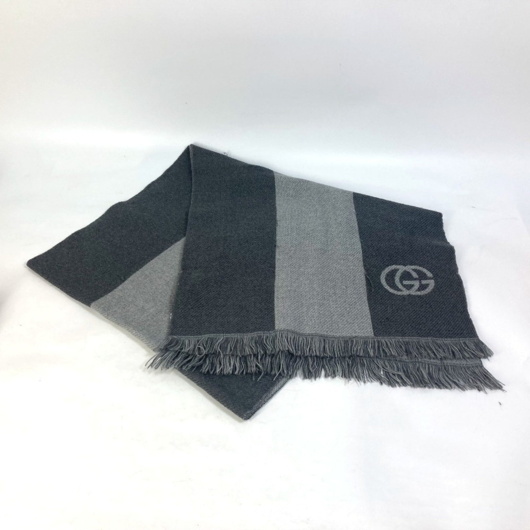 GUCCI Fringe Logo GG Stripe Wool Scarf