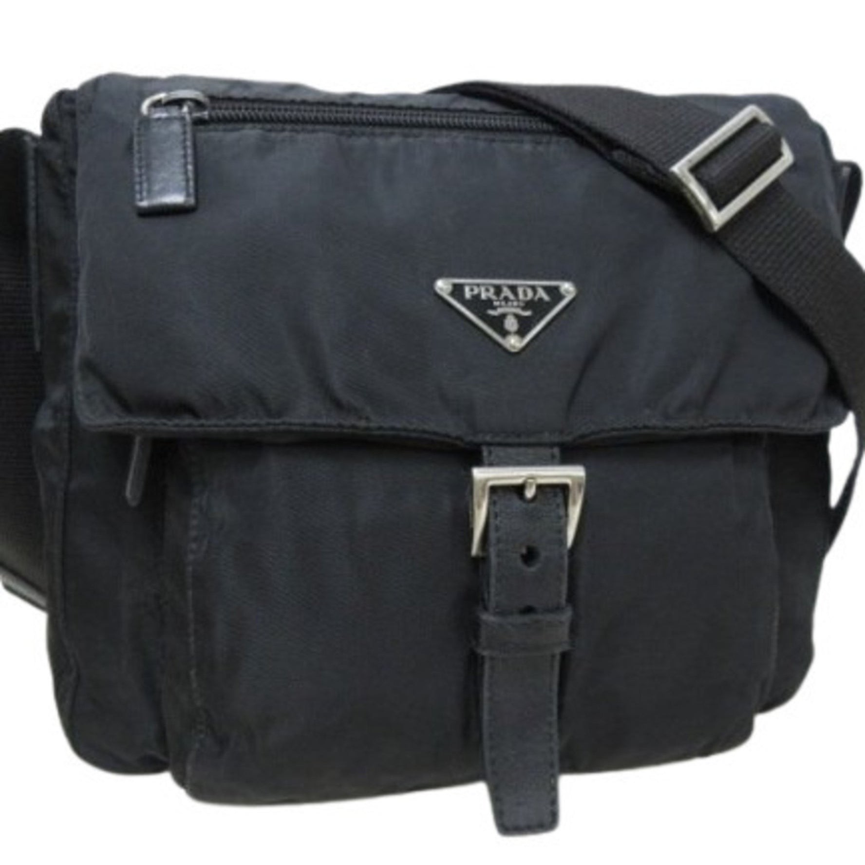 PRADA Triangle Shoulder Bag Black Nylon and Leather Men's/Women's Mark White Tag