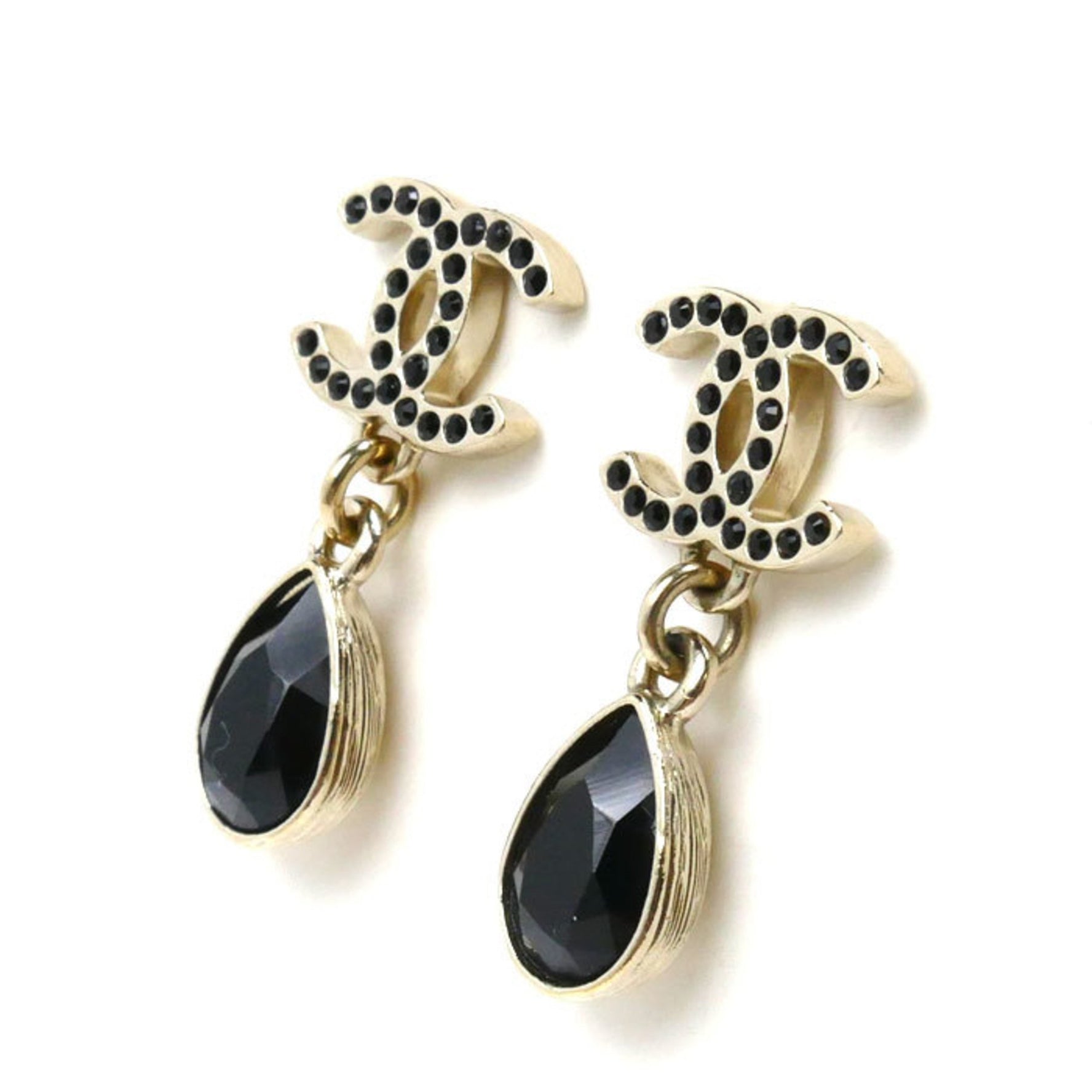 CHANEL Metal Coco Mark Black Stone Earrings