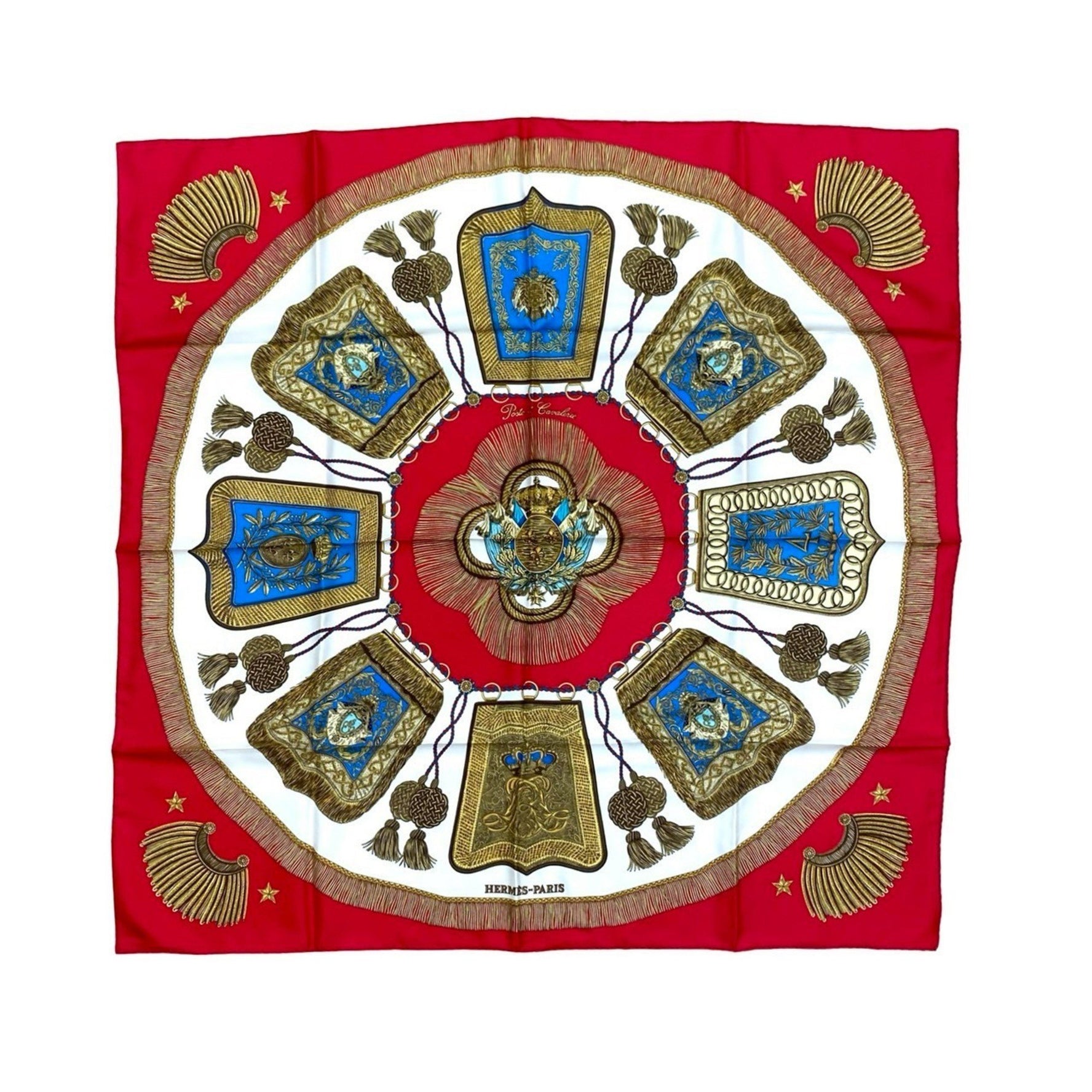 Unused, stored HERMES Carré 90 "Poste et Cavalerie" sabre-adorned silk scarf/muffler in red and white