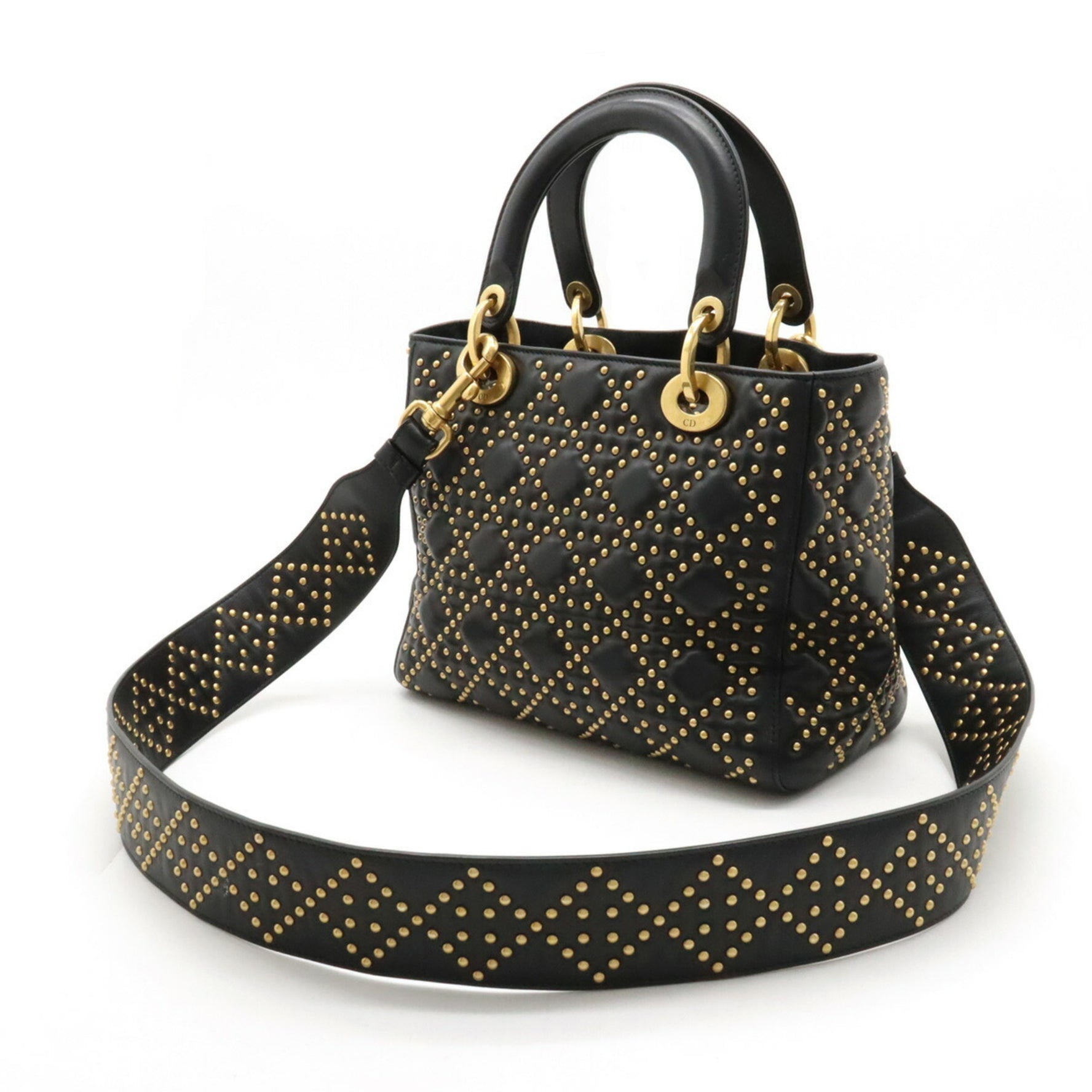 Christian Dior Lady M Medium Studs Handbag Shoulder Bag Leather