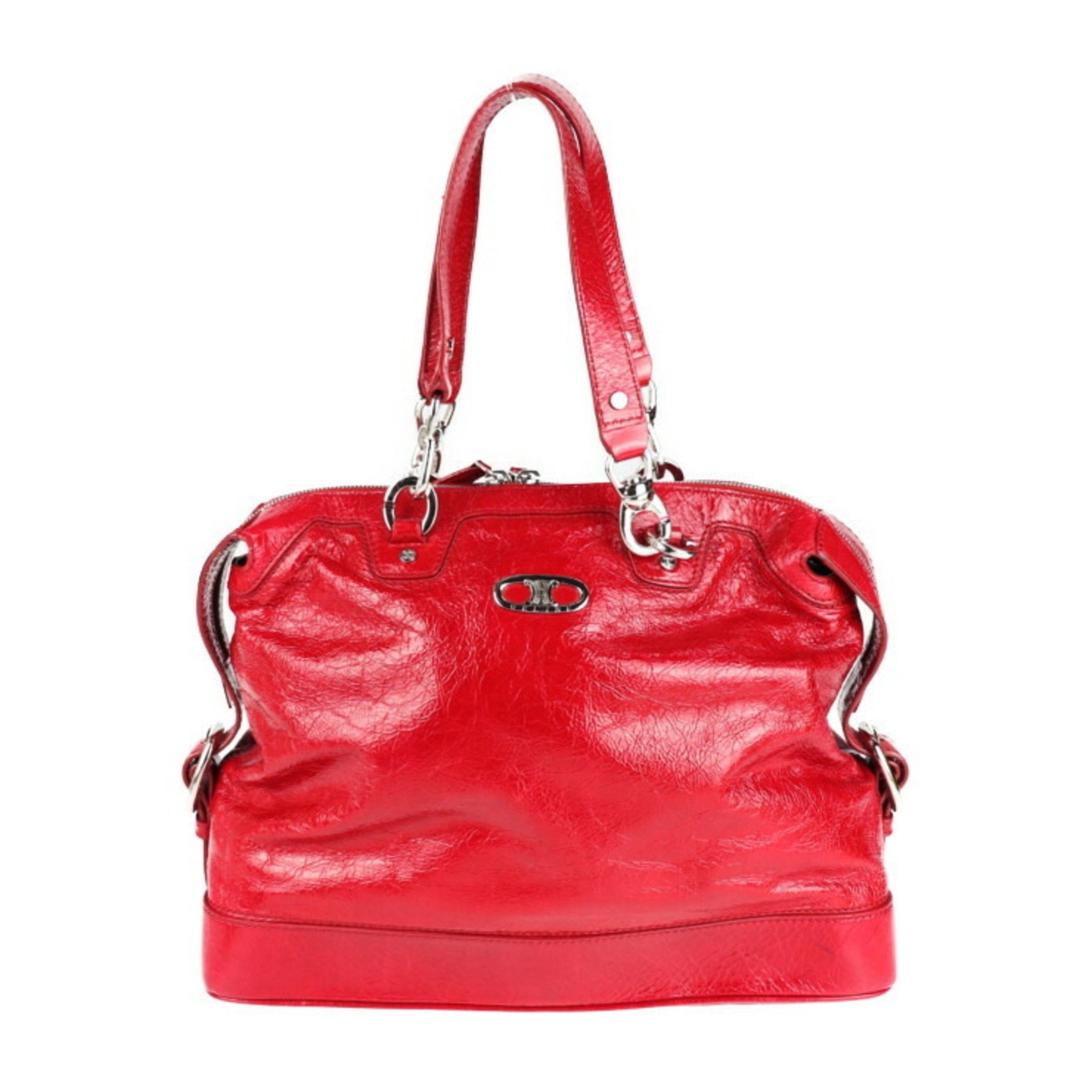 CELINE shoulder bag patent leather red silver metal fittings semi-shoulder tote handbag