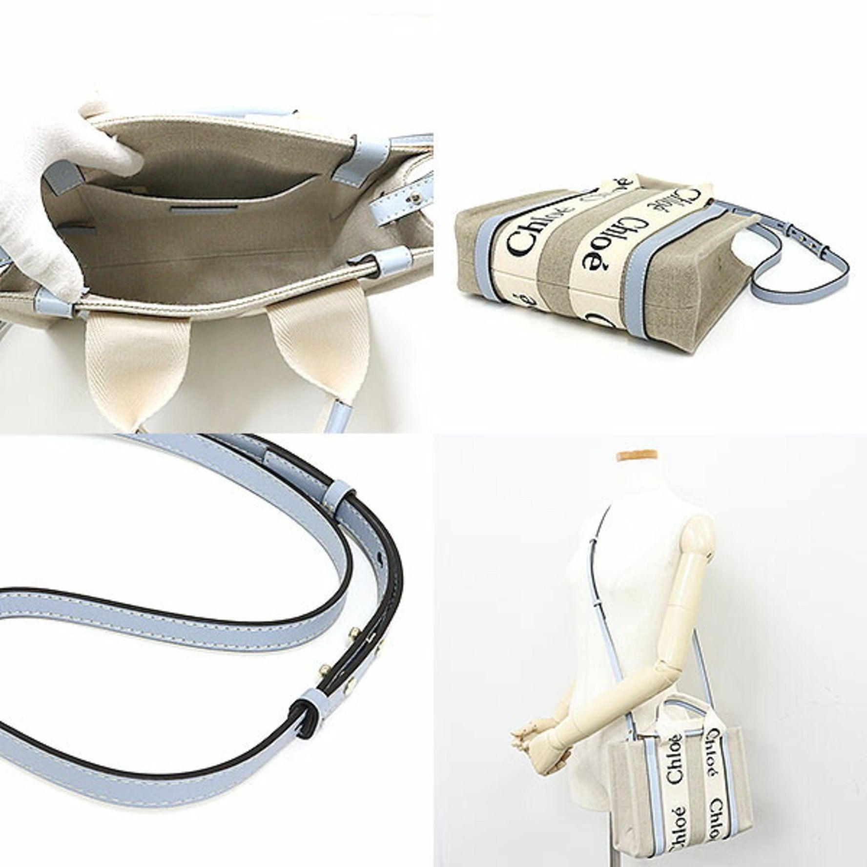 Chloé Chloe WOODY Small Tote Bag White/Blue Linen Canvas/Calf