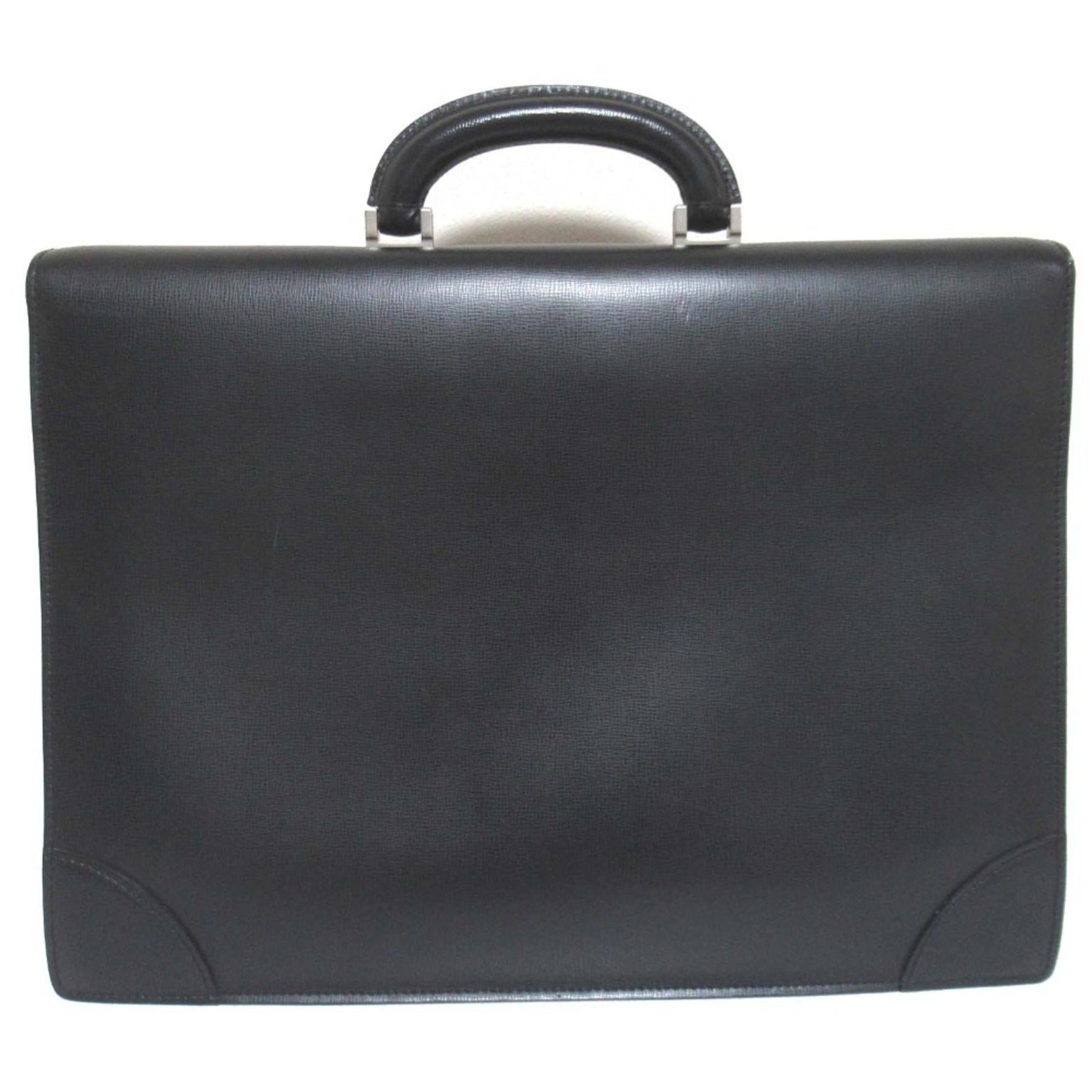 Valextra 3 Compartment Leather Briefcase Business Bag Document Black x Silver Hardware Men's