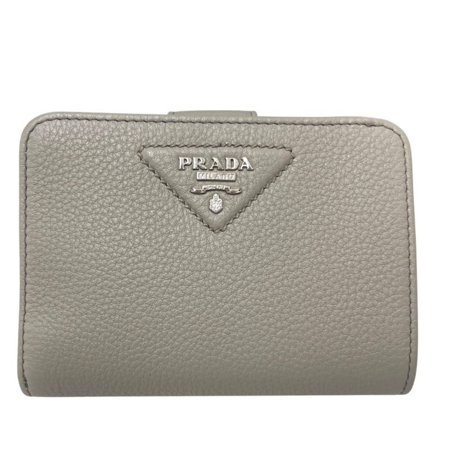 PRADA Compact Wallet Leather Bifold Wallet, Greige, L-Shaped Zipper