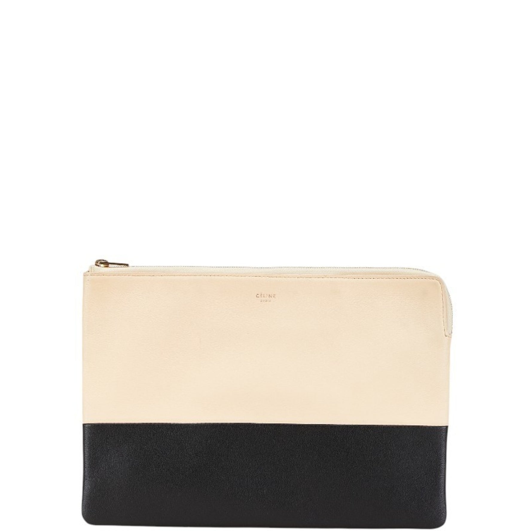 CELINE Bicolor Clutch Bag Beige Black Leather