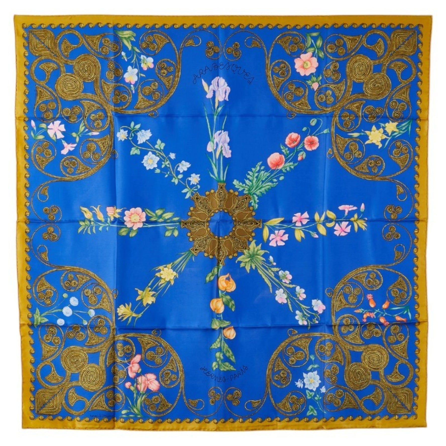 Hermes Carre 90 ARABESQUES Arabesque Scarf Muffler Blue Multicolor Silk