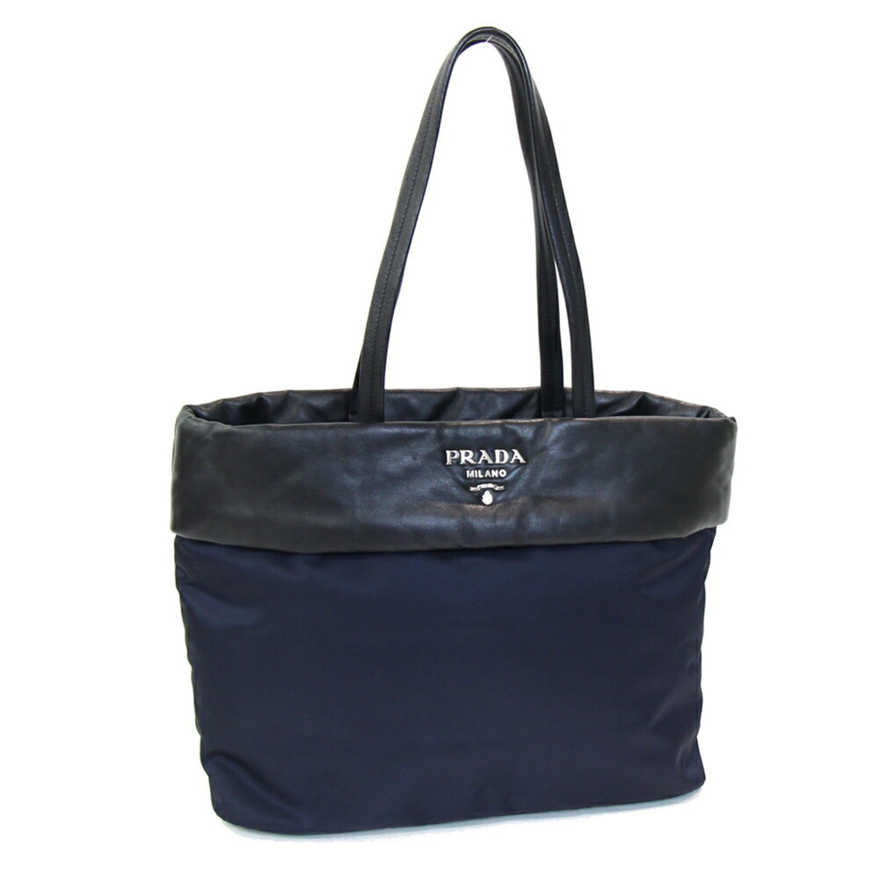 Prada Tote Bag Navy Black Nylon Leather Shoulder