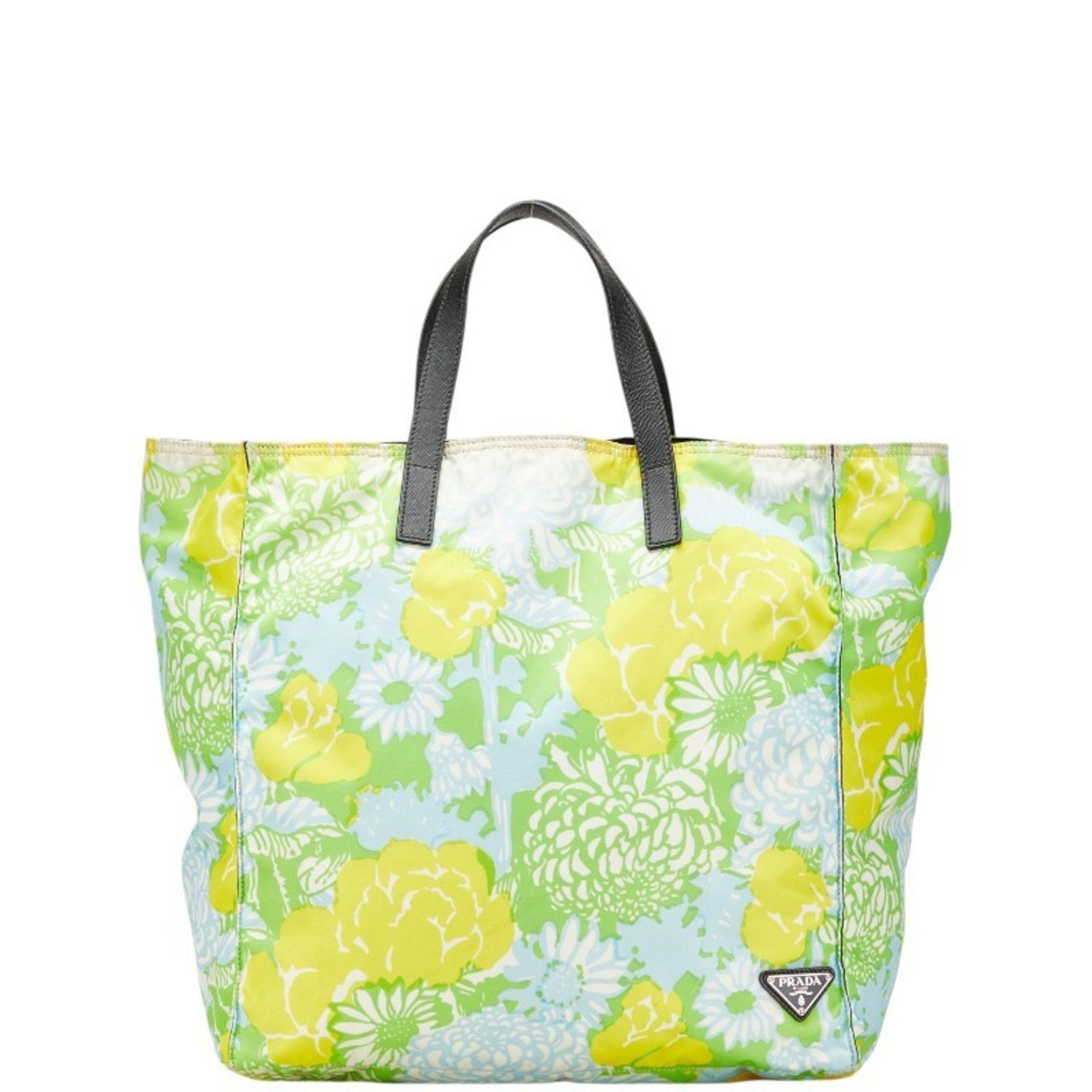 Prada Triangle Logo Plate Flower Tote Bag Handbag Green Yellow Blue Nylon Leather