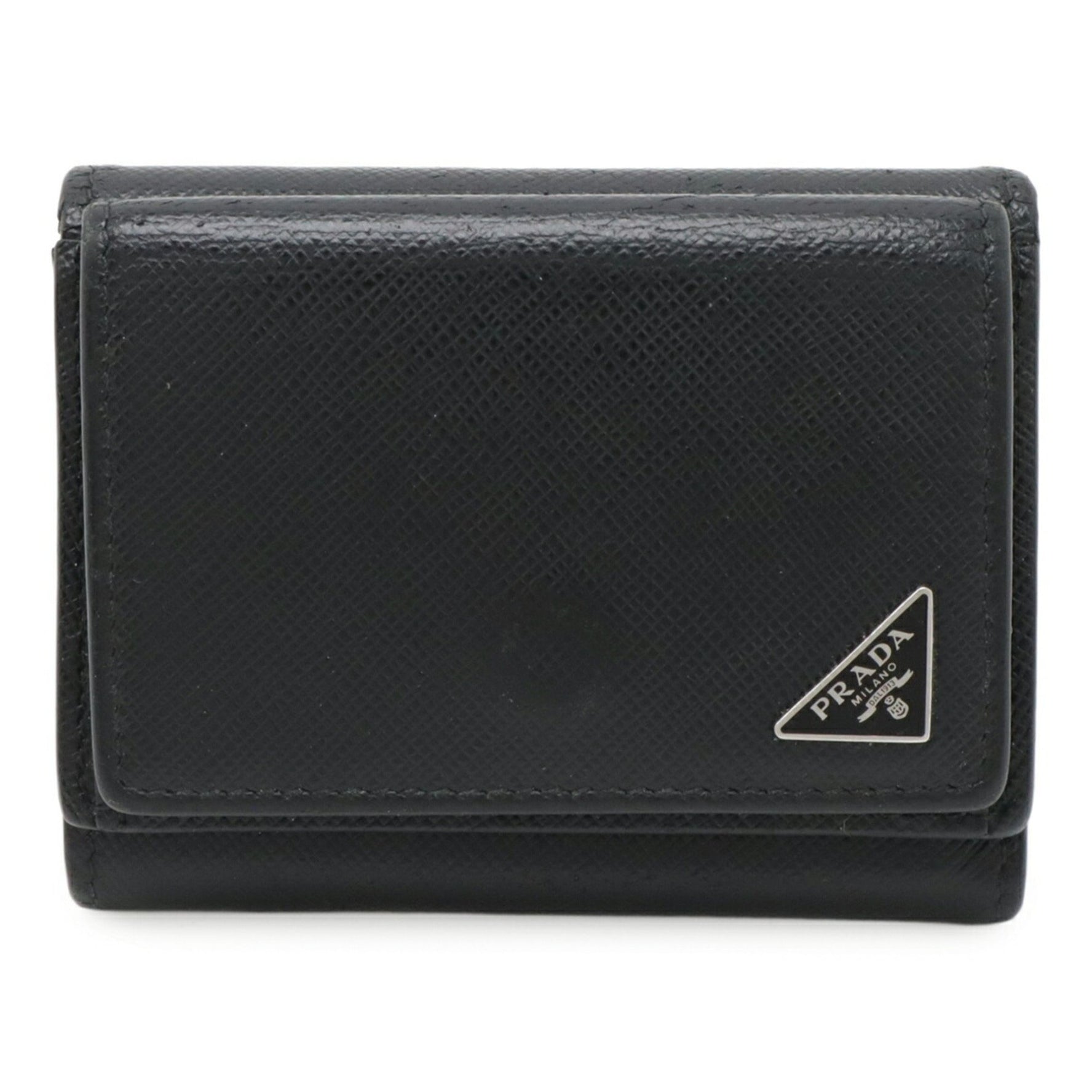 PRADA Triangle Compact Wallet, Tri-fold Saffiano Leather, NERO, Black