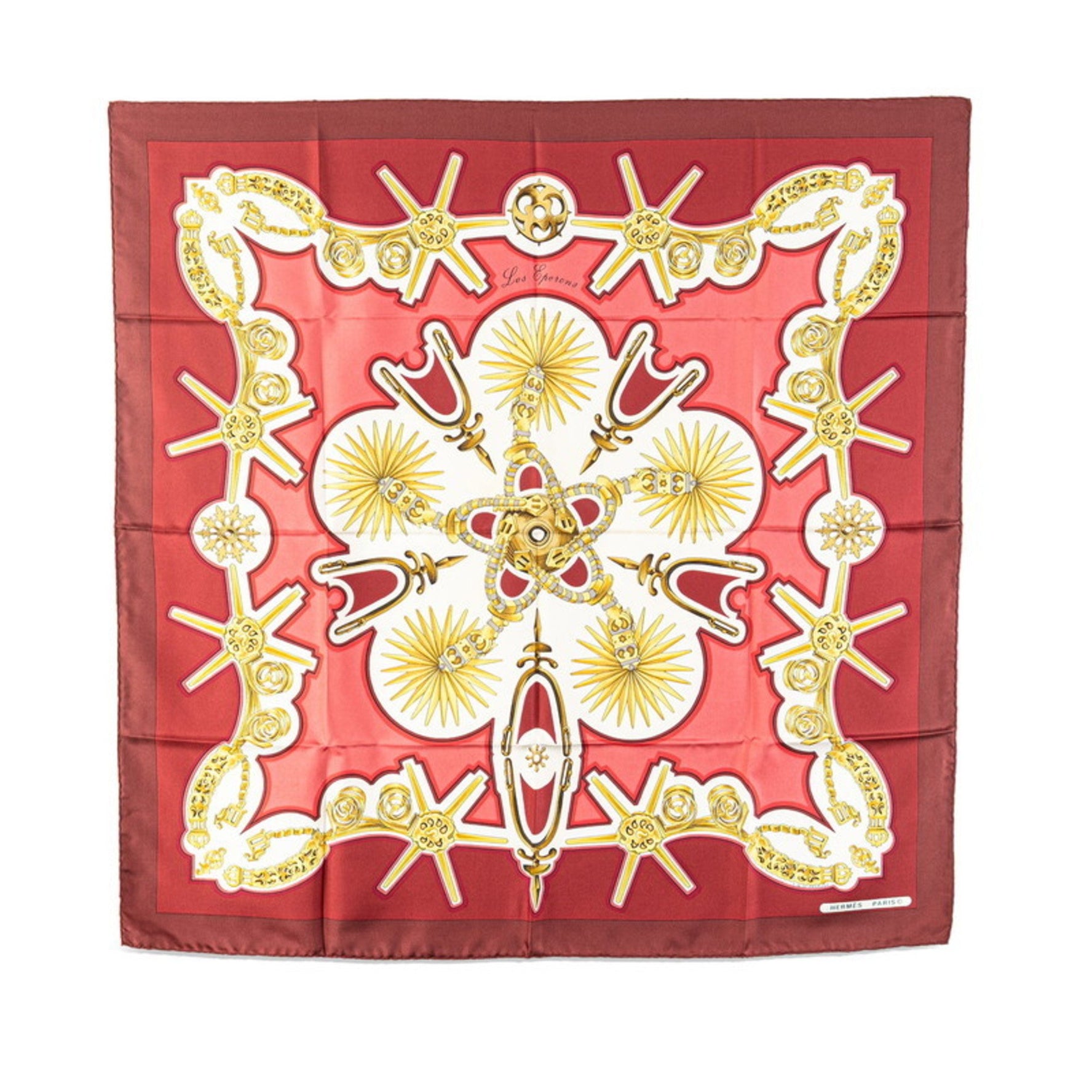 Hermes Hermès Carré 90 Les Eperons Scarf, Wine Red and Gold Silk