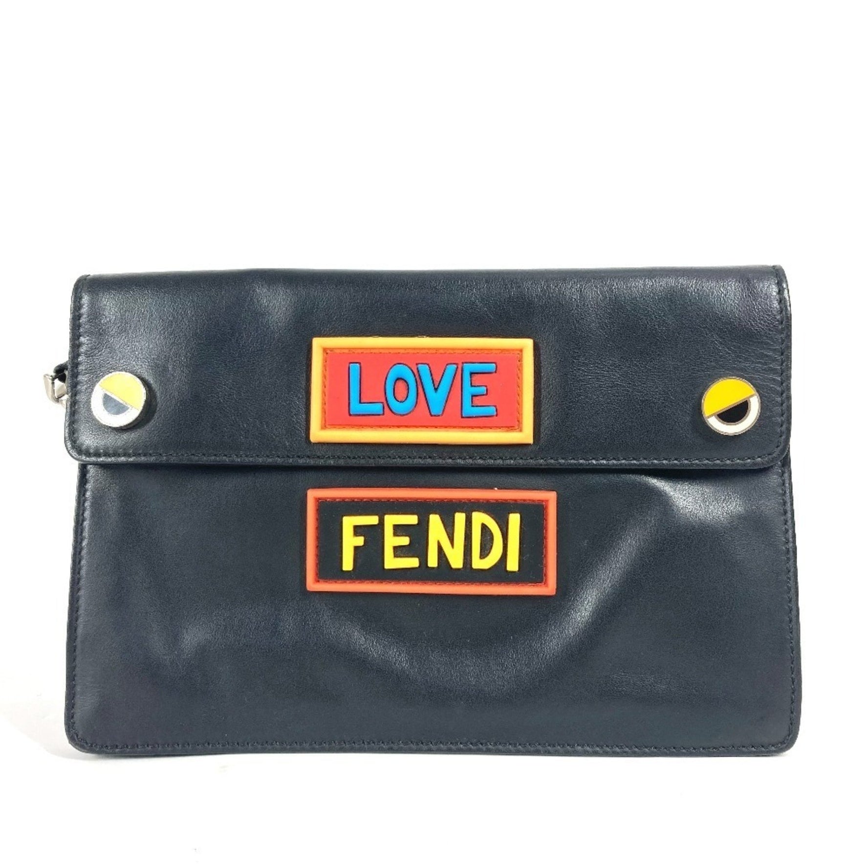 FENDI Logo LOVE Pouch Bag with Strap Flap Clutch Leather Men Women