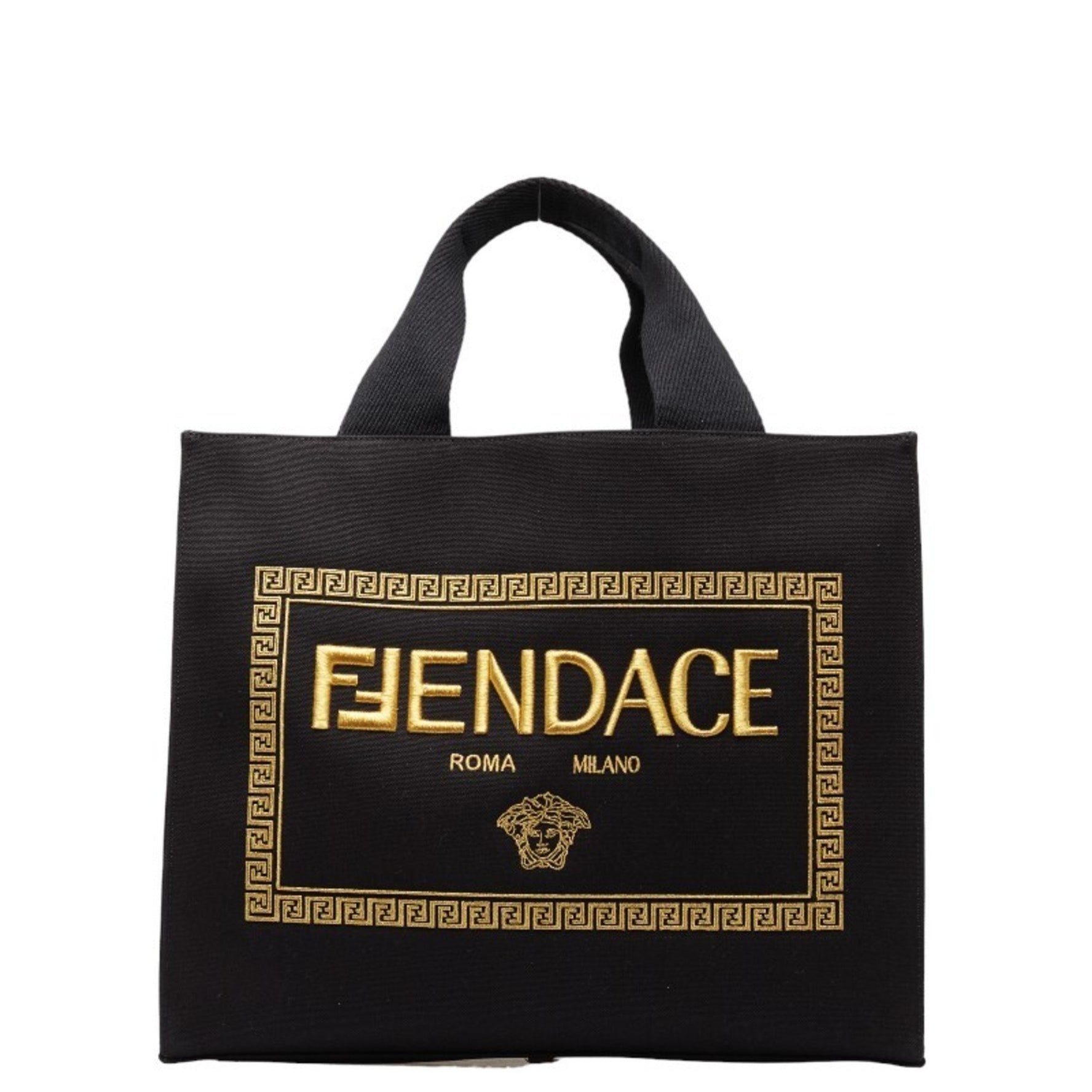FENDI x VERSACA Versace FENDACE Fendace La Medusa Tote Bag Shoulder Black Yellow Canvas