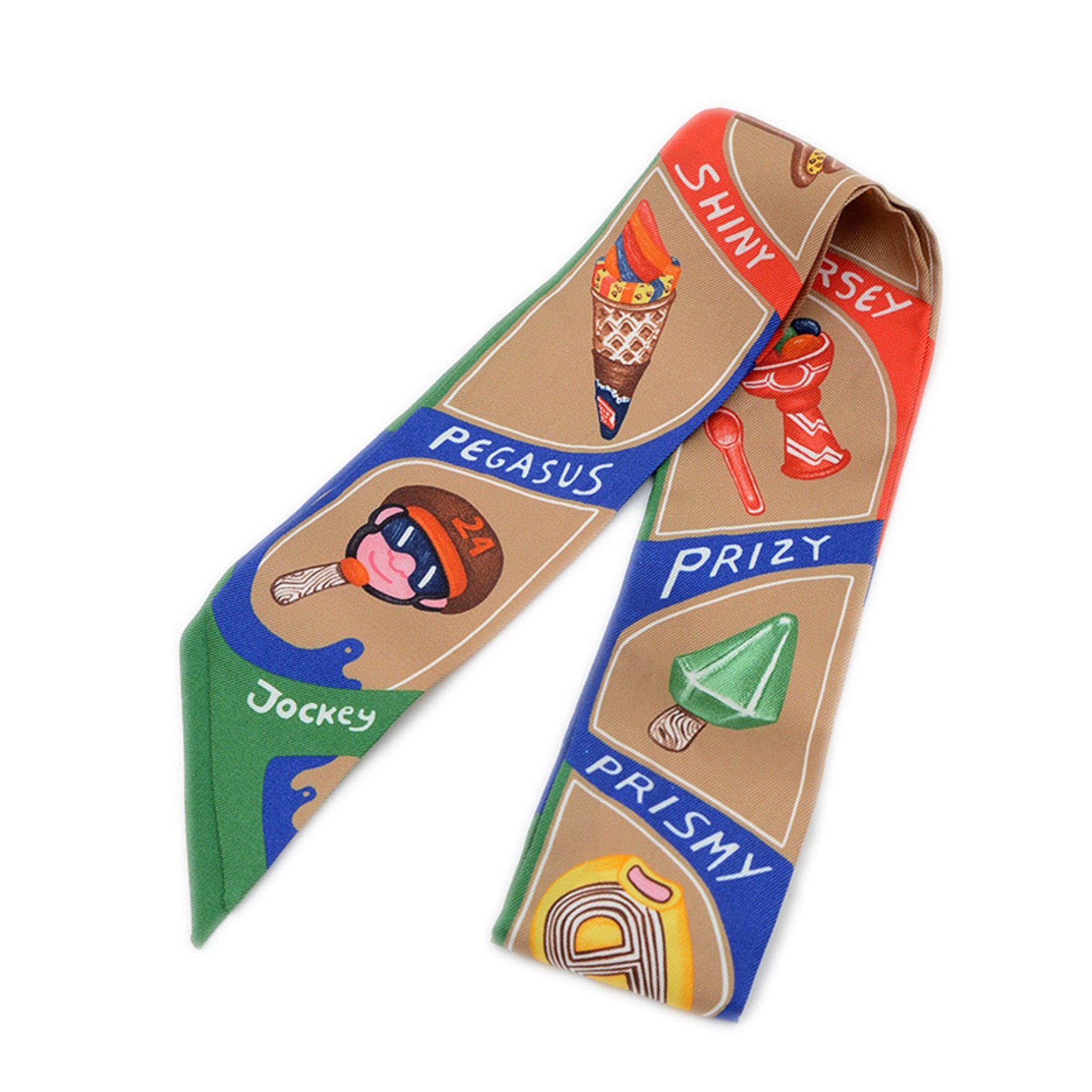 Hermes Hermès Twilly Scarf/Muffler, Funny Ice Cream Silk, Beige Dress, Emeraude, Red, BP