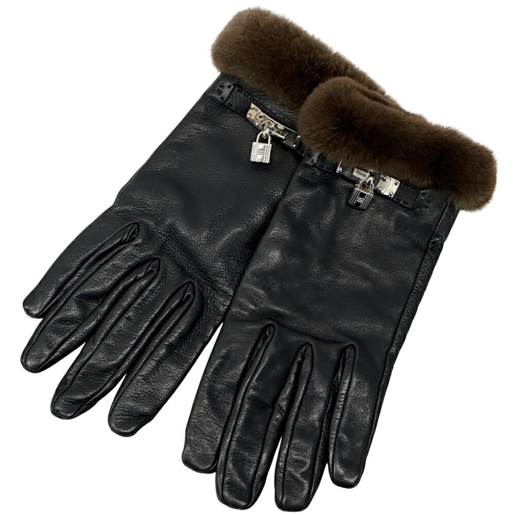 Hermes Hermès Kelly Gloves for Women, Leather, Silk, Mink, Black, Brown, Fur, Padded Cadena