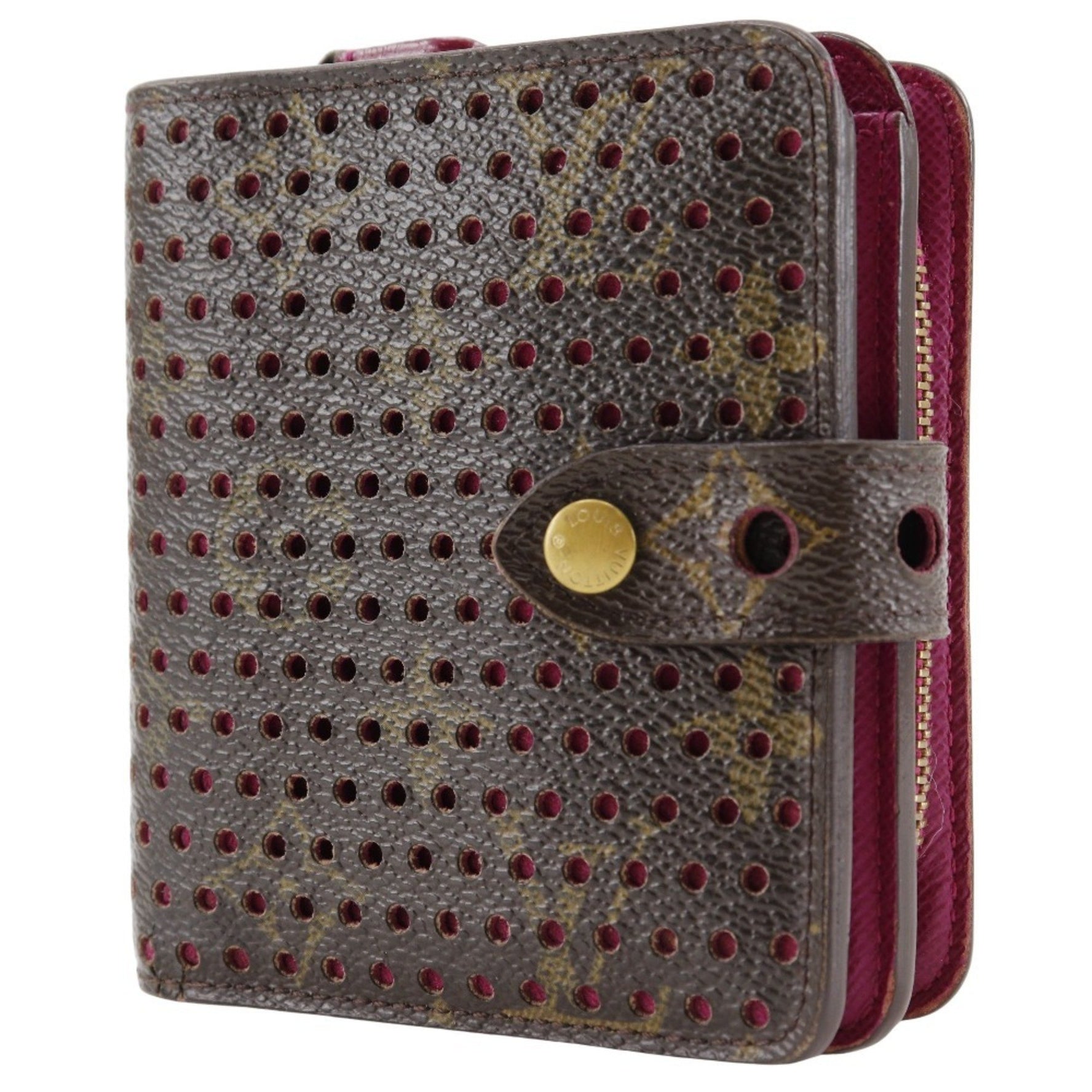 Louis Vuitton Compact zip bifold wallet Monogram Perforated canvas Fuchsia 2006 Brown/Pink Snap button
